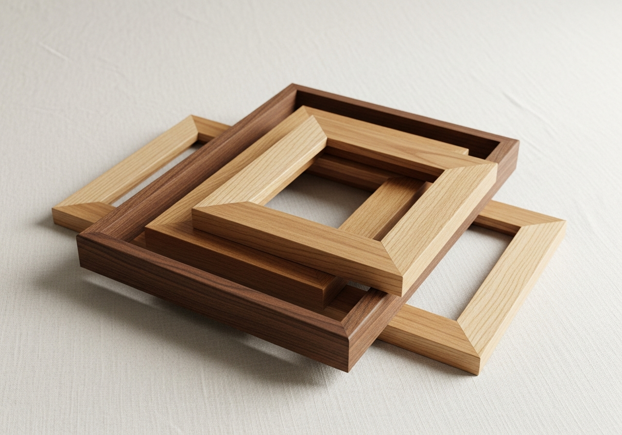 Stacked solid pine picture frames in warm oak and walnut finishes