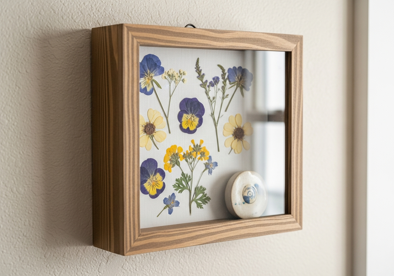 Pine shadow box on a farmhouse wall holding pressed flowers and a keepsake