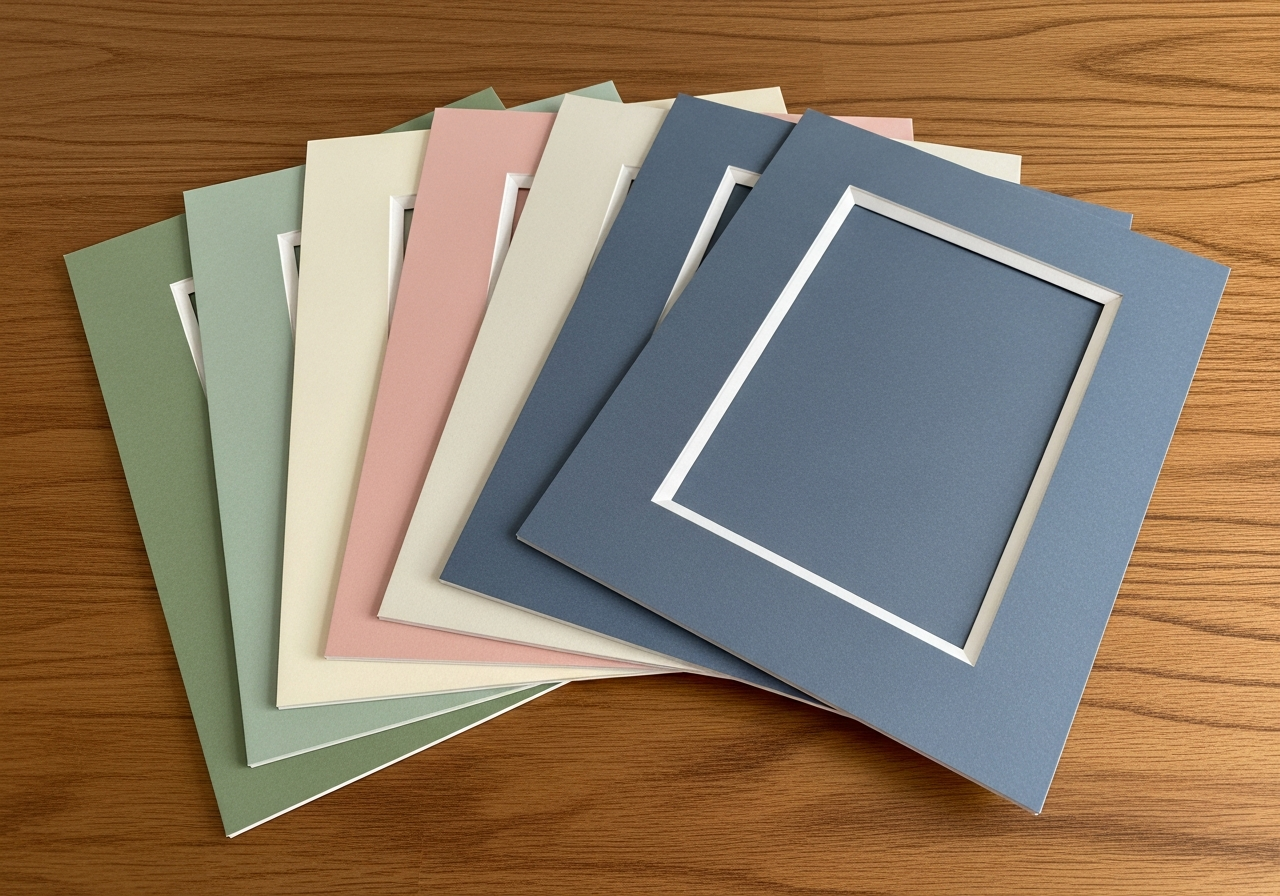 Fanned bevel cut mat boards in sage, cream, blush pink, and slate blue