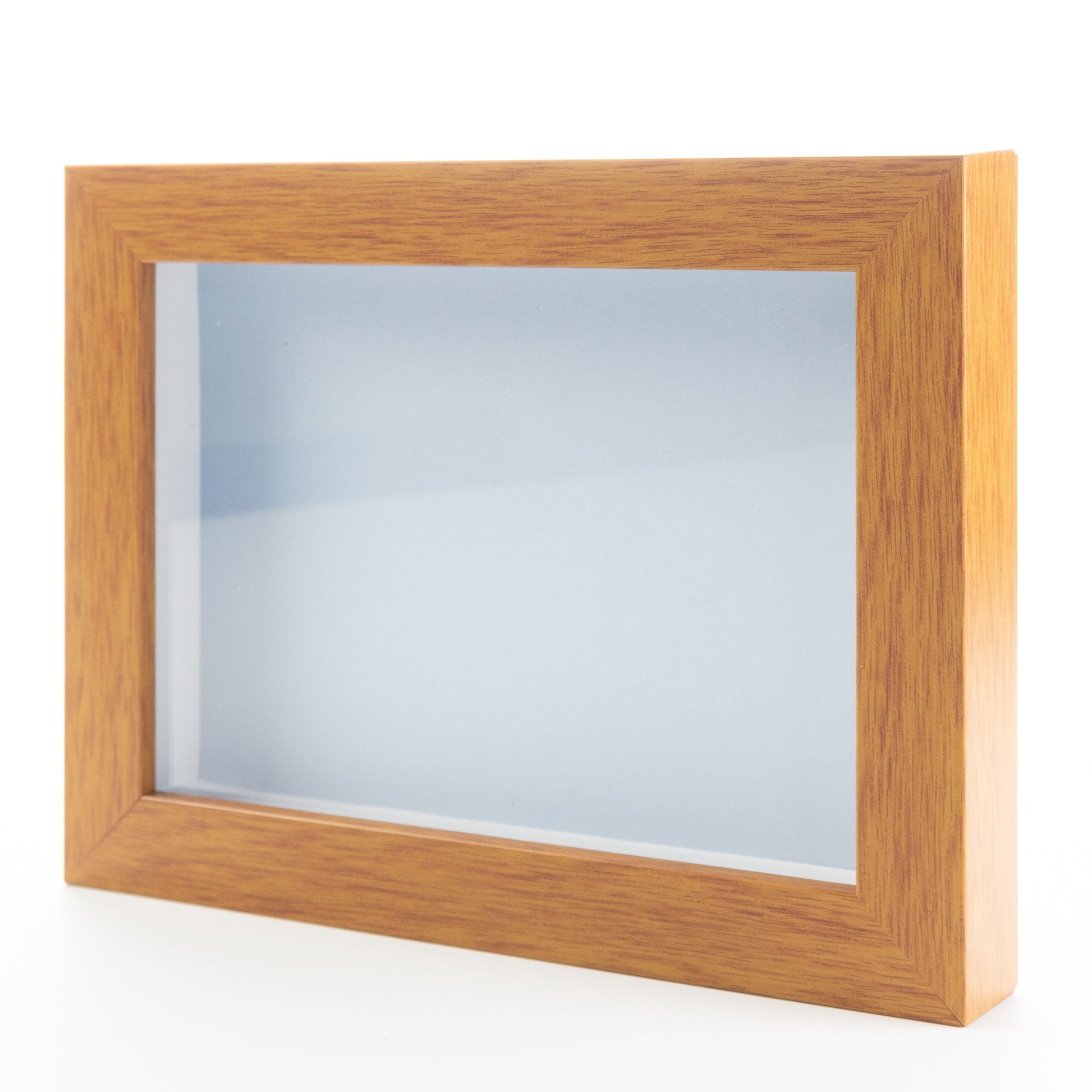 Honey Pecan Wood Shadow Box Magazine Frame with Blue Mat