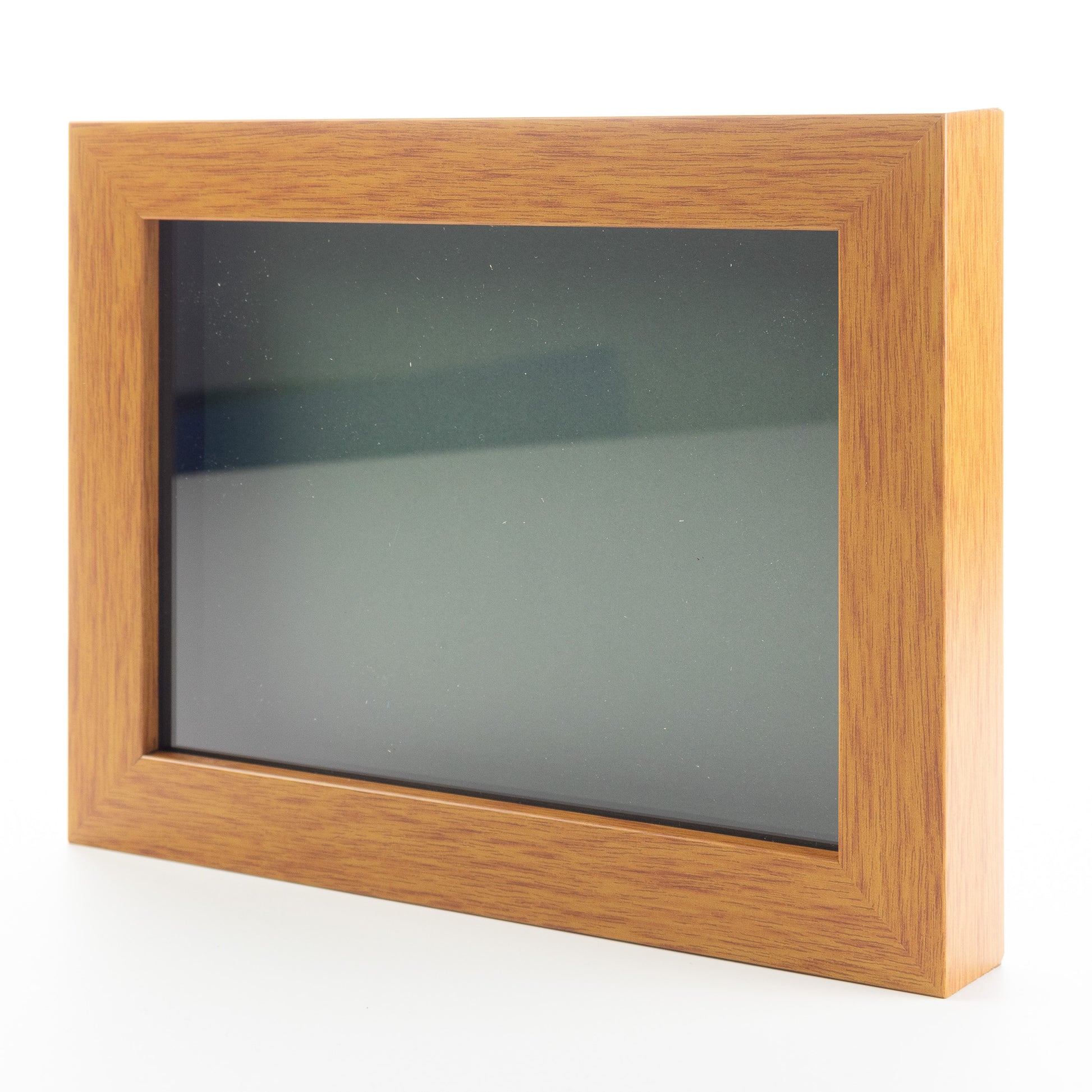 Honey Pecan Wood Shadow Box Magazine Frame with Green Mat - corner and profile view