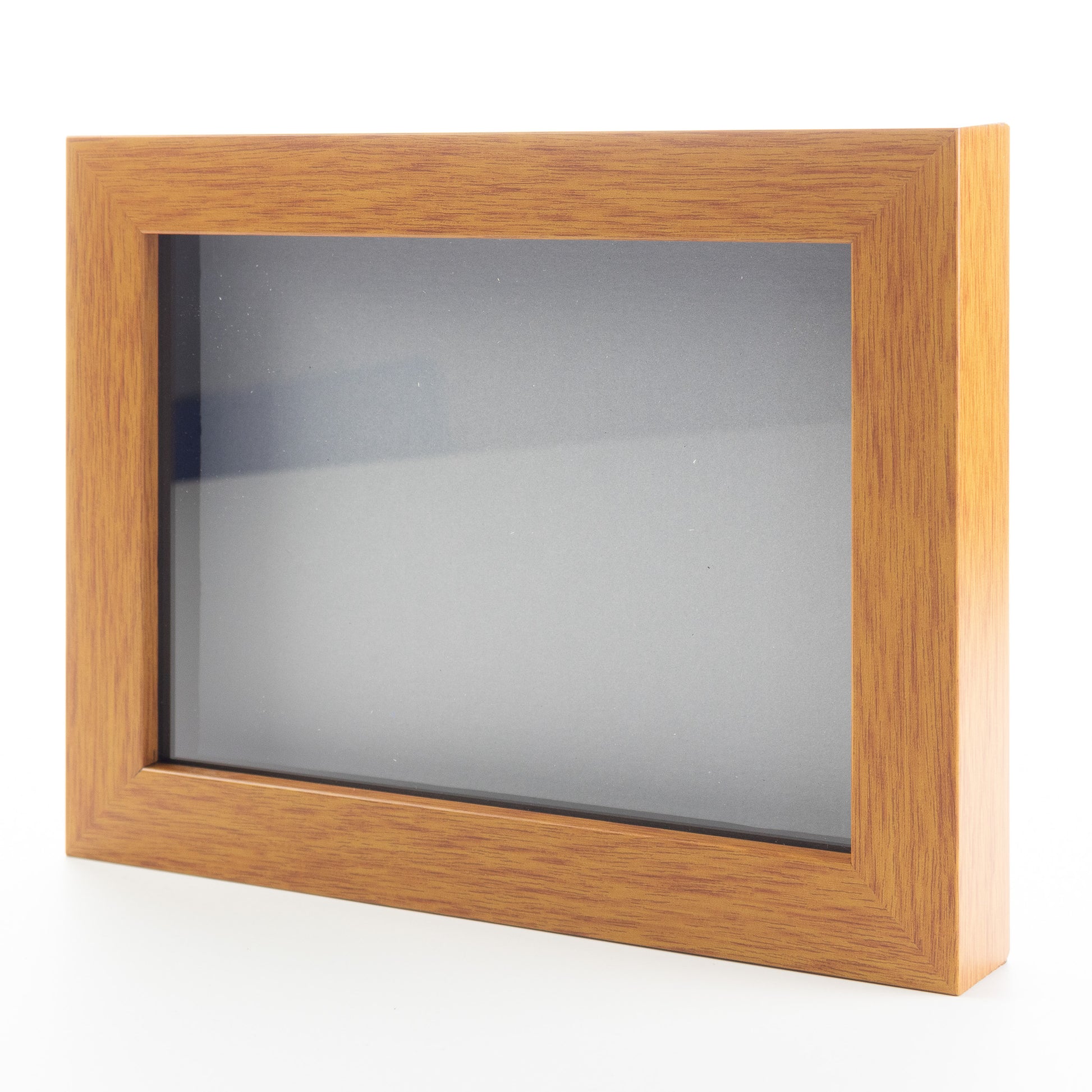 Honey Pecan Wood Shadow Box Display Magazine Frame with Grey Mat - corner and profile view