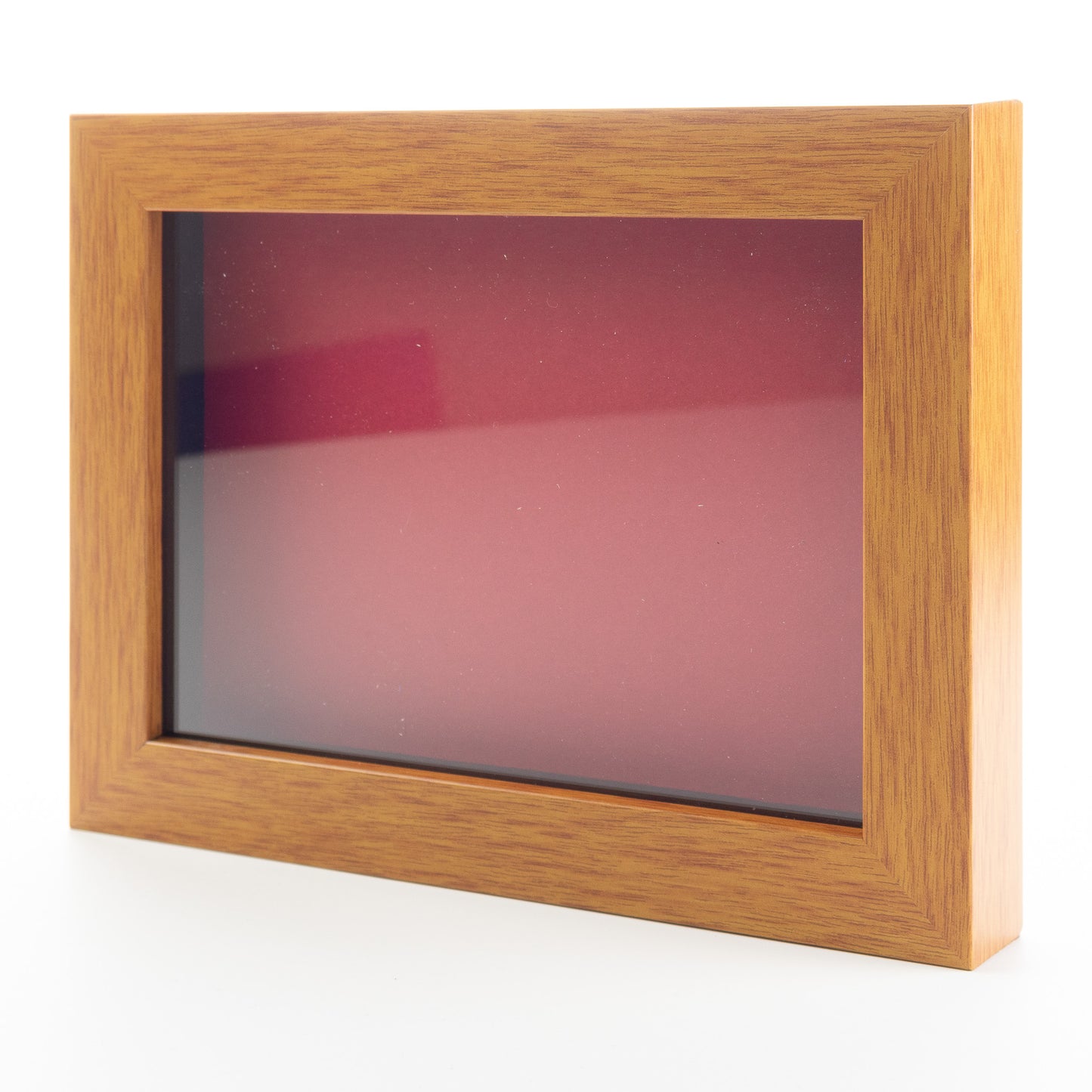 Honey Pecan Wood Shadow Box Magazine Frame with Red Mat - corner and profile view