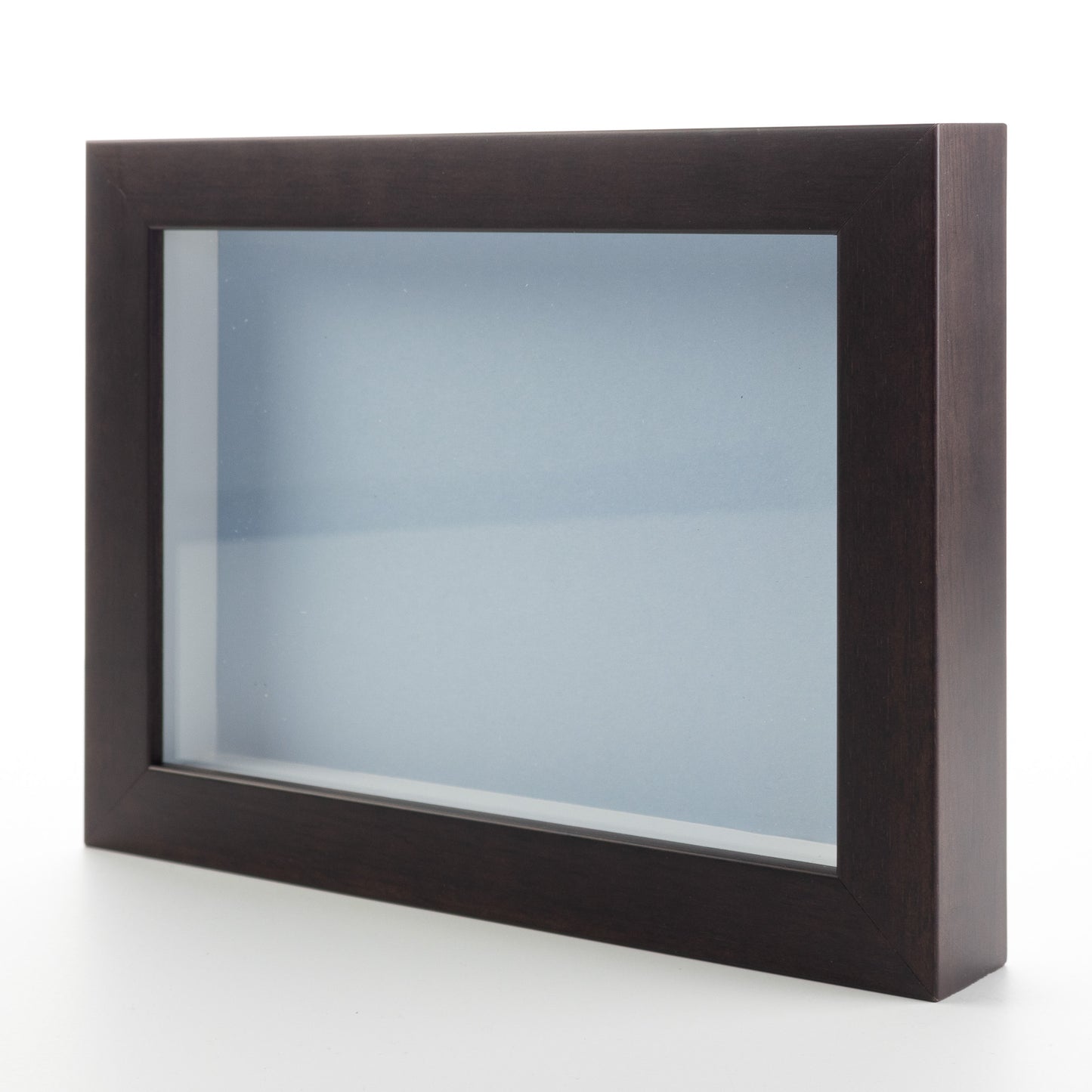 Dark Brown Wood Shadow Box Display Magazine Frame with Blue Mat - corner and profile view