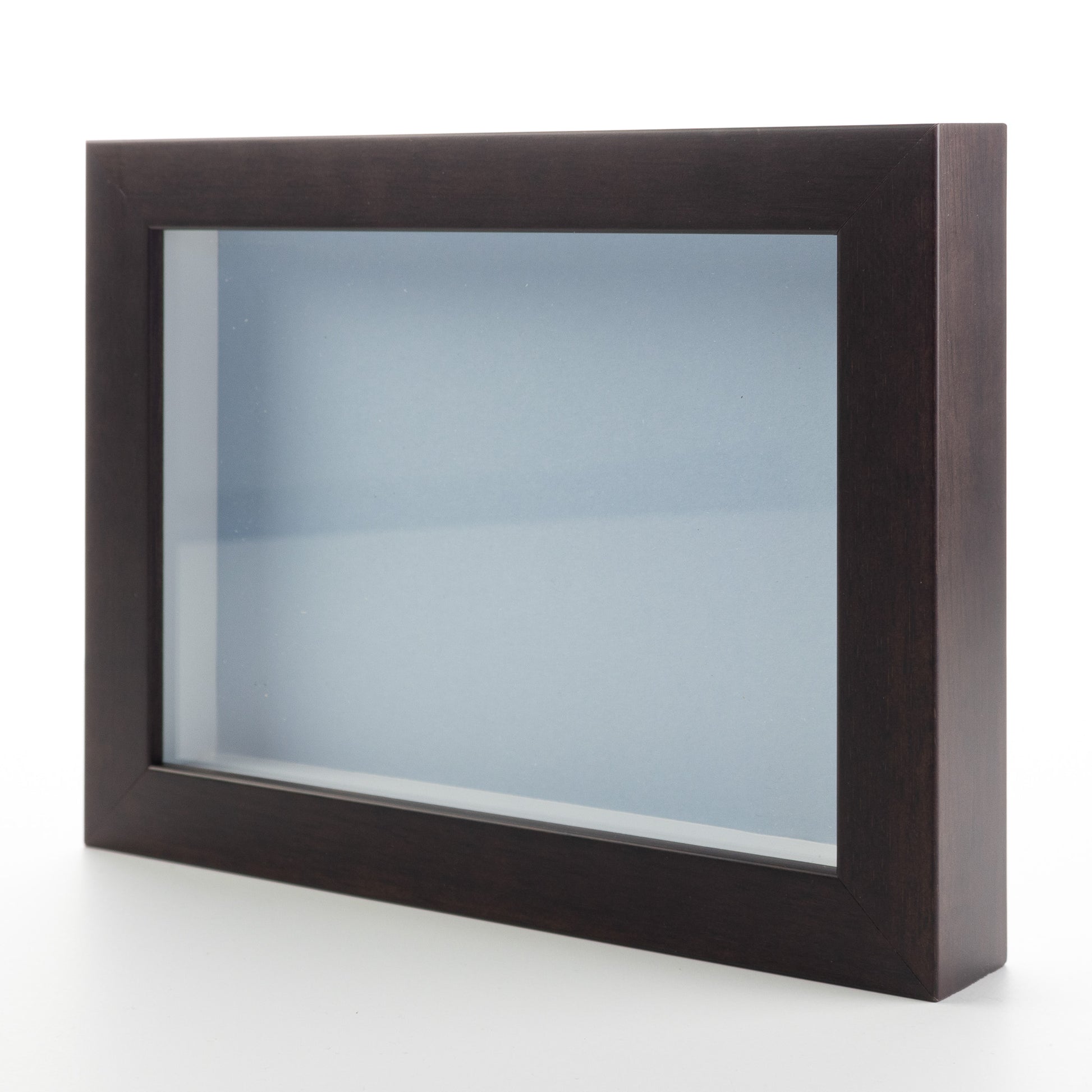 Dark Brown Wood Shadow Box Display Magazine Frame with Blue Mat - corner and profile view