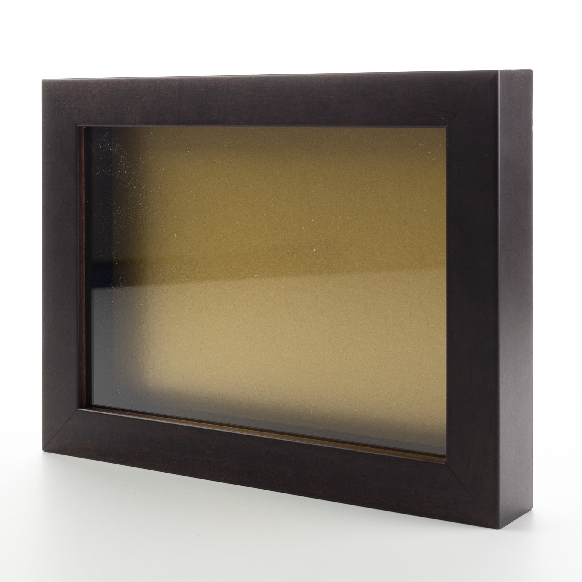 Dark Brown Wood Shadow Box Display Magazine Frame with Gold Mat - corner and profile view