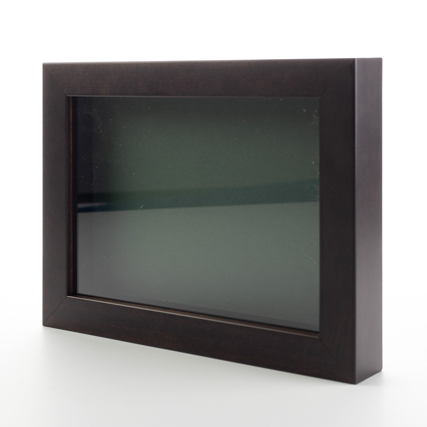 Dark Brown Wood Shadow Box Display Magazine Frame with Green Mat - corner and profile view