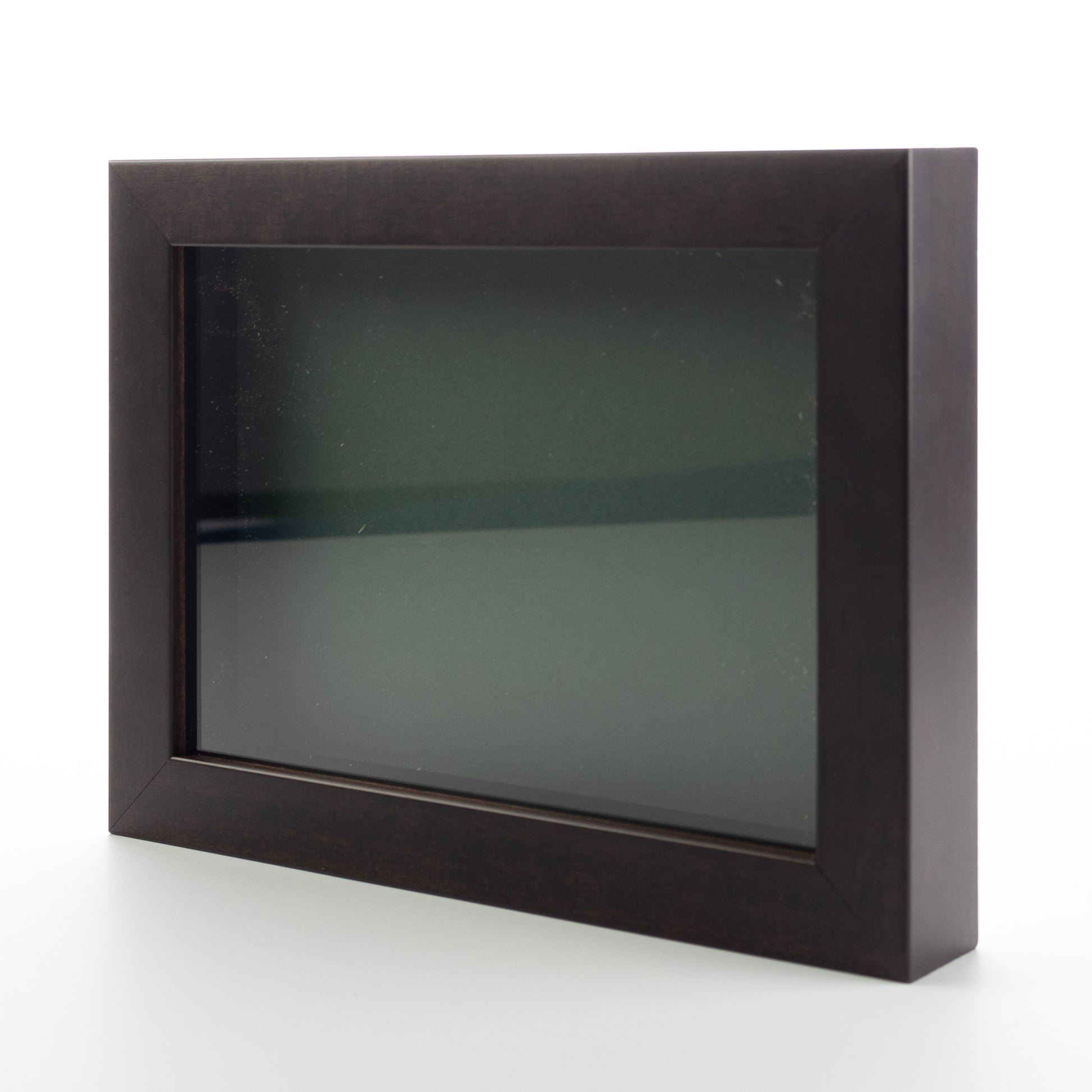 Dark Brown Wood Shadow Box Display Magazine Frame with Green Mat - corner and profile view