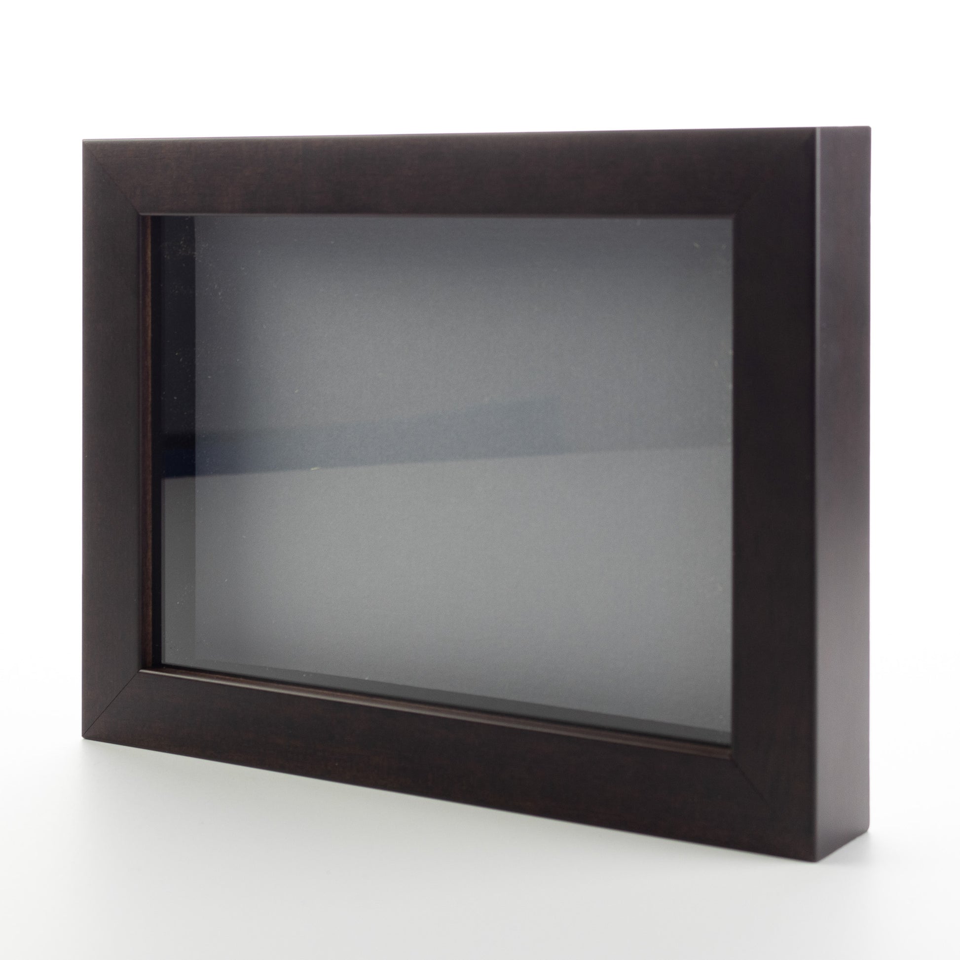 Dark Brown Wood Shadow Box Display Magazine Frame with Grey Mat - corner and profile view