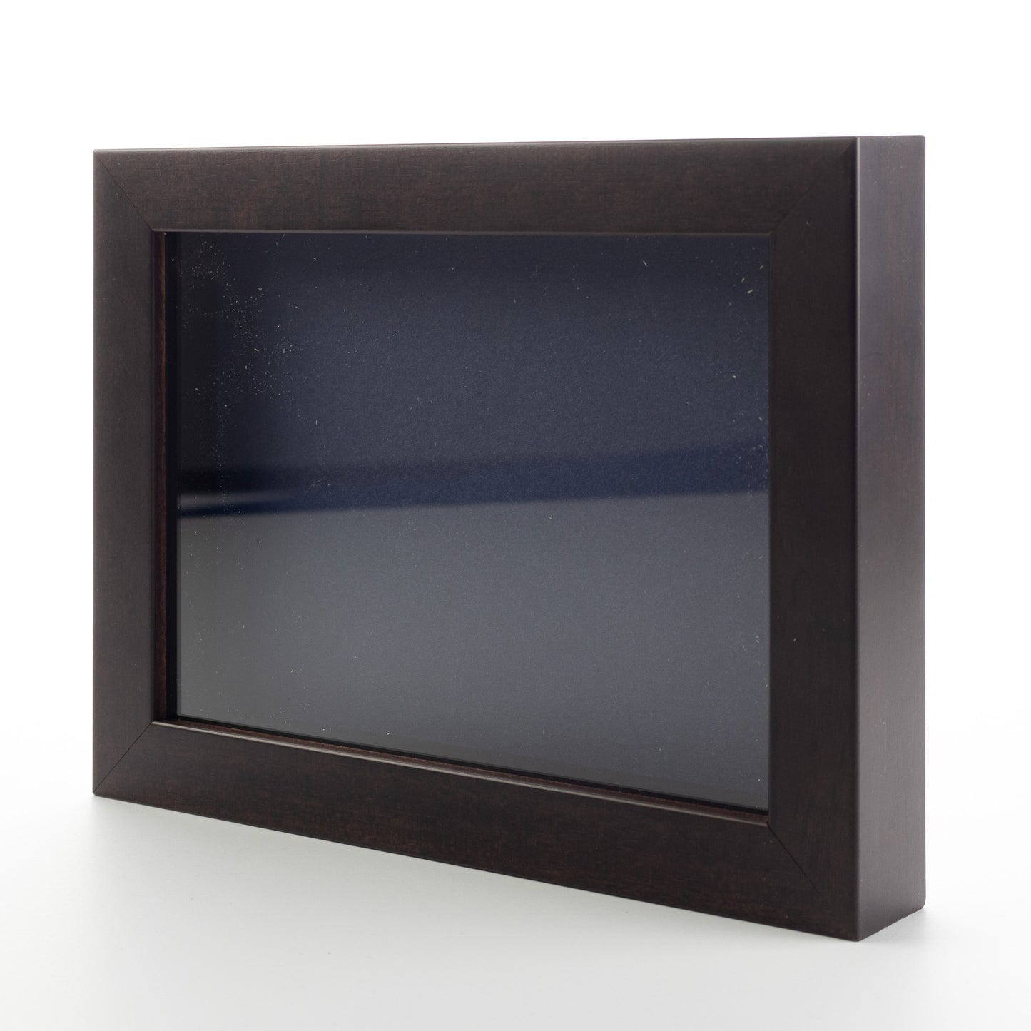 Dark Brown Wood Shadow Box Display Magazine Frame with Navy Mat - corner and profile view