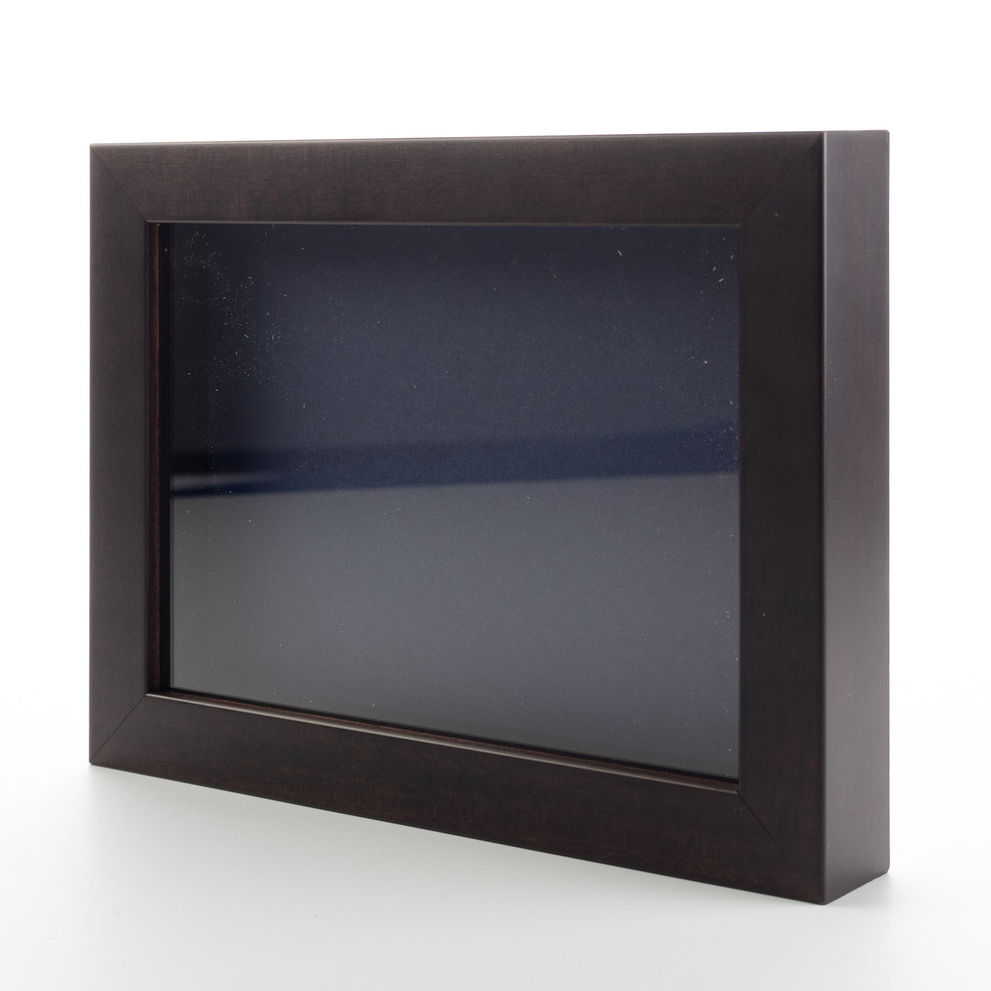 Dark Brown Wood Shadow Box Display Magazine Frame with Navy Mat - corner and profile view