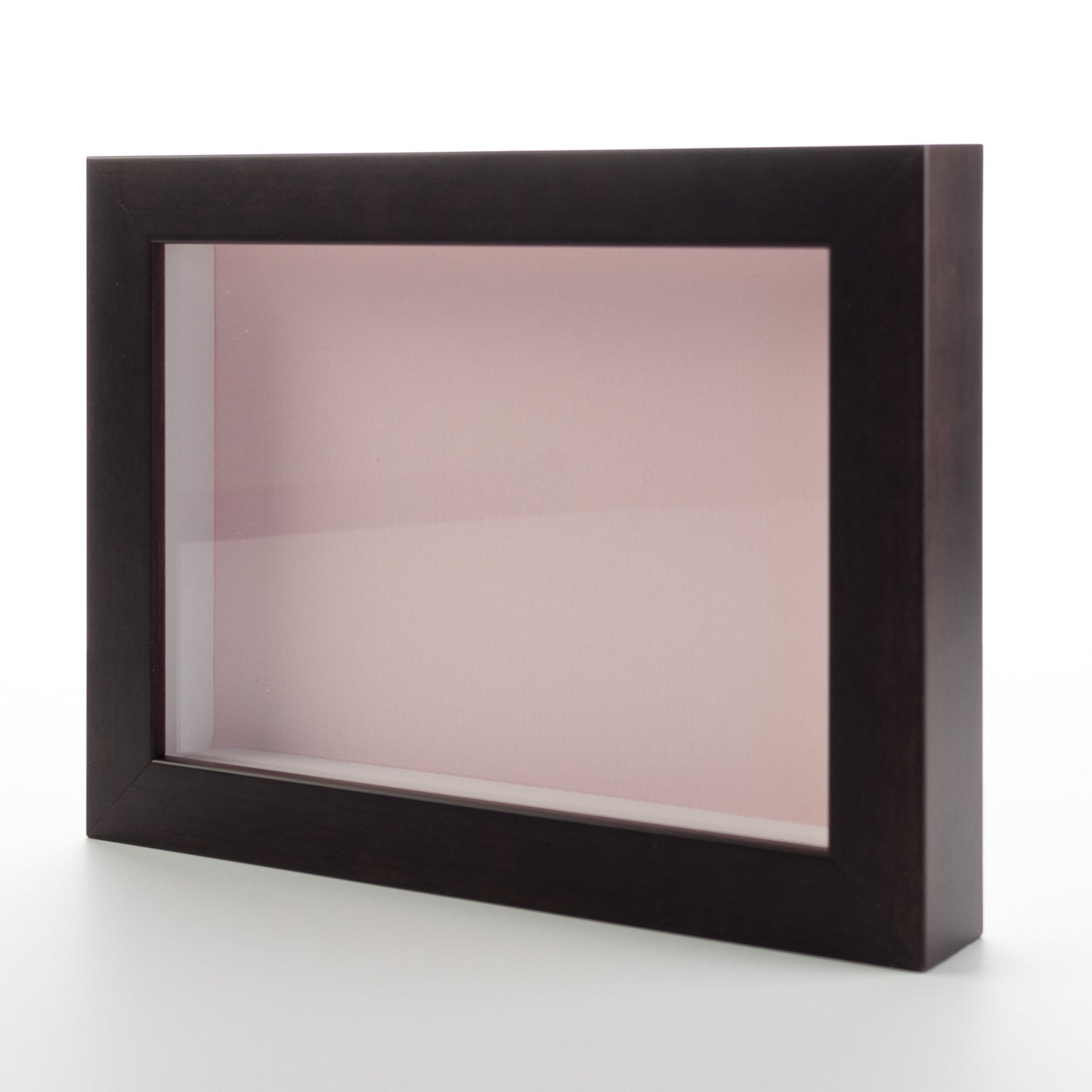 Dark Brown Wood Shadow Box Magazine Frame with Pink Mat - corner and profile view