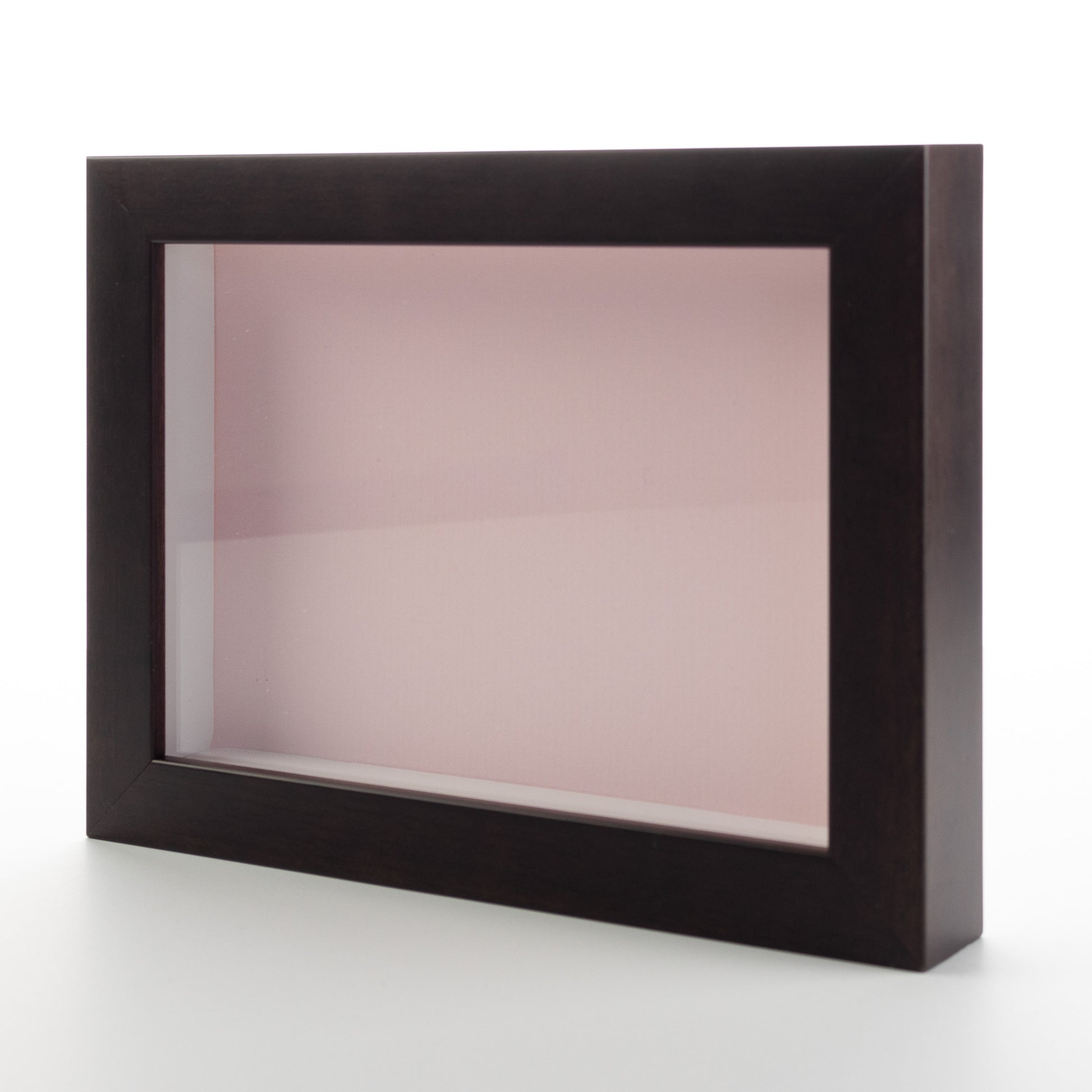 Dark Brown Wood Shadow Box Magazine Frame with Pink Mat - corner and profile view