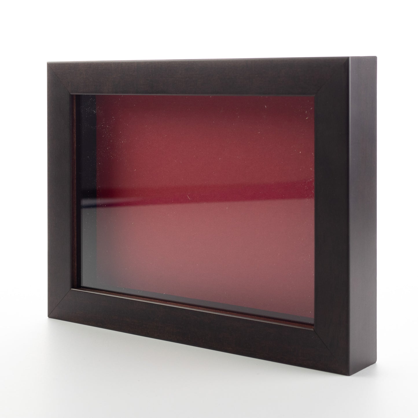 Dark Brown Wood Shadow Box Display Magazine Frame with Red Mat - corner and profile view