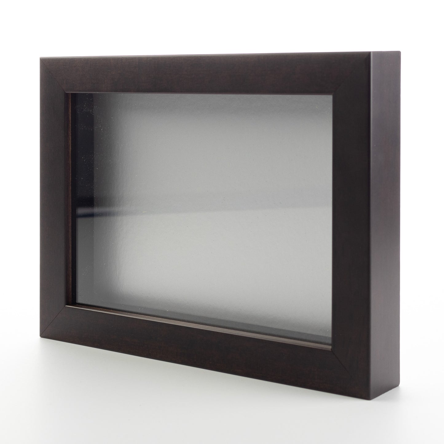 Dark Brown Wood Shadow Box Display Magazine Frame with Silver Mat - corner and profile view