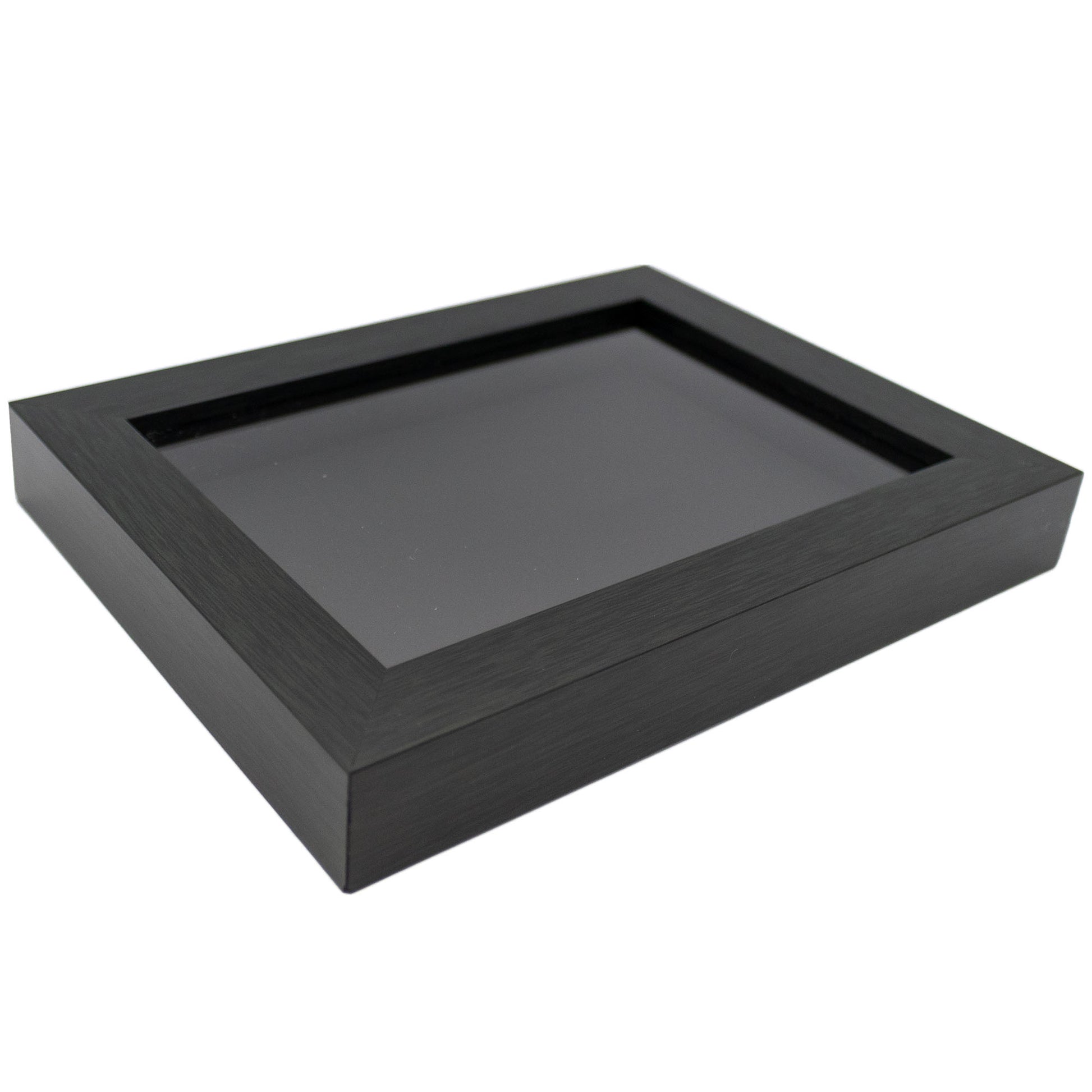 Charcoal Wood Shadow Box Display Magazine Frame - corner and profile view