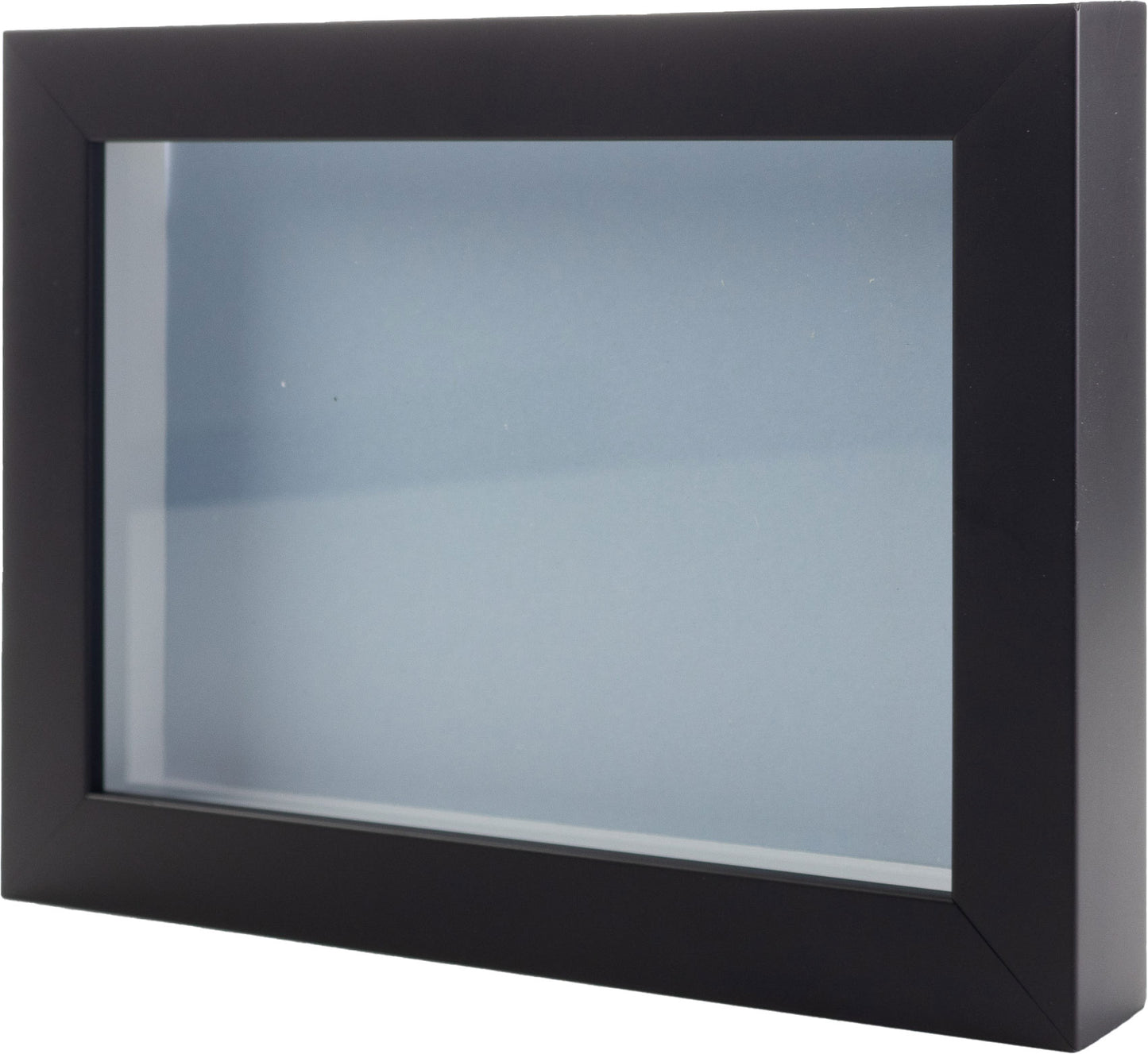 Black Wood Shadow Box Display Magazine Frame with Blue Mat - corner and profile view