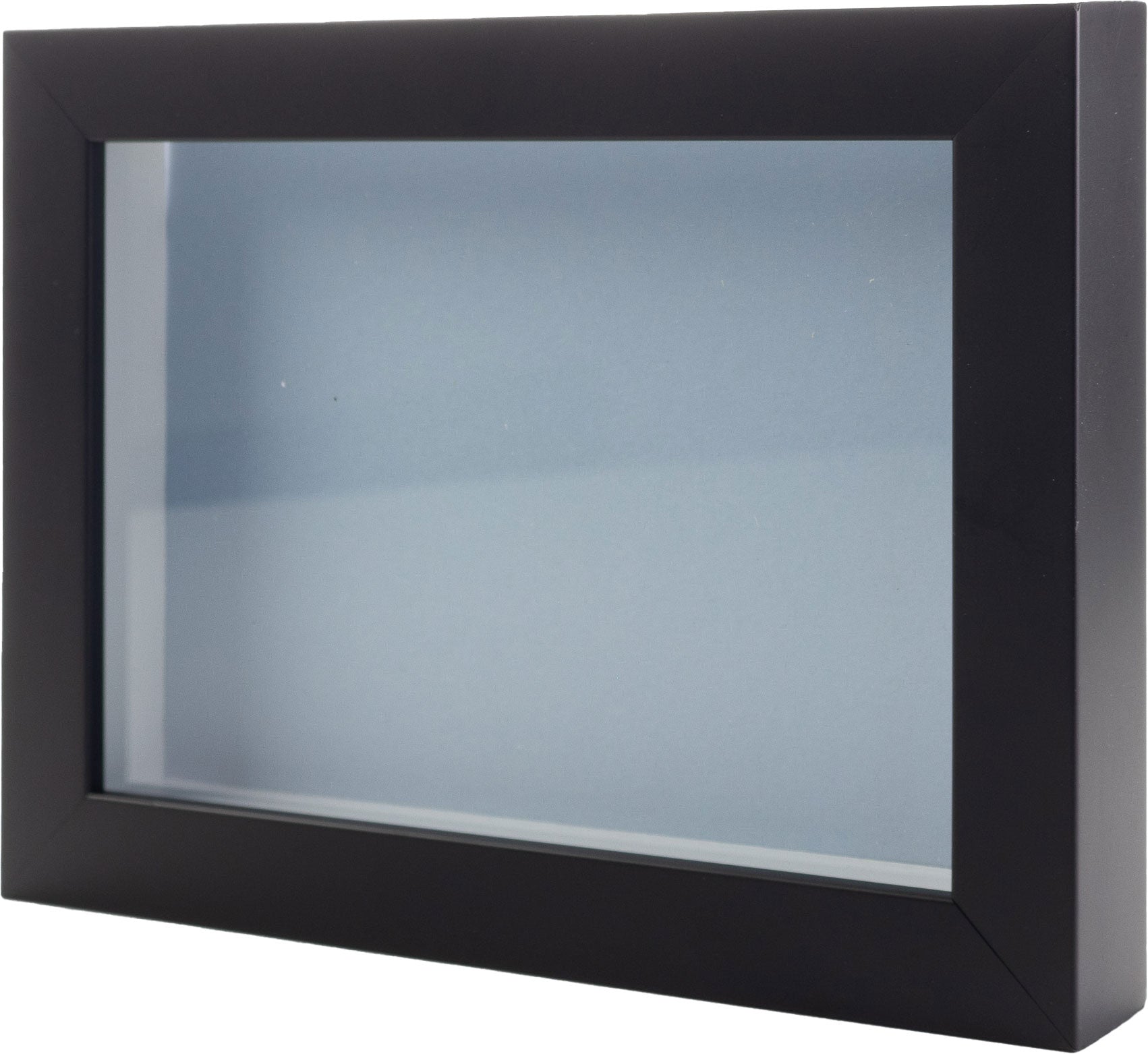 Black Wood Shadow Box Display Magazine Frame with Blue Mat - corner and profile view