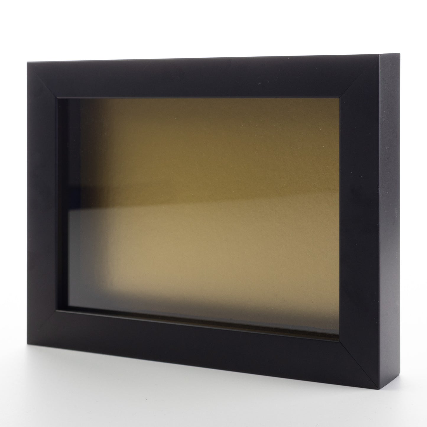 Black Shadow Box Display Magazine Frame with Gold Backing Mat - corner and profile view