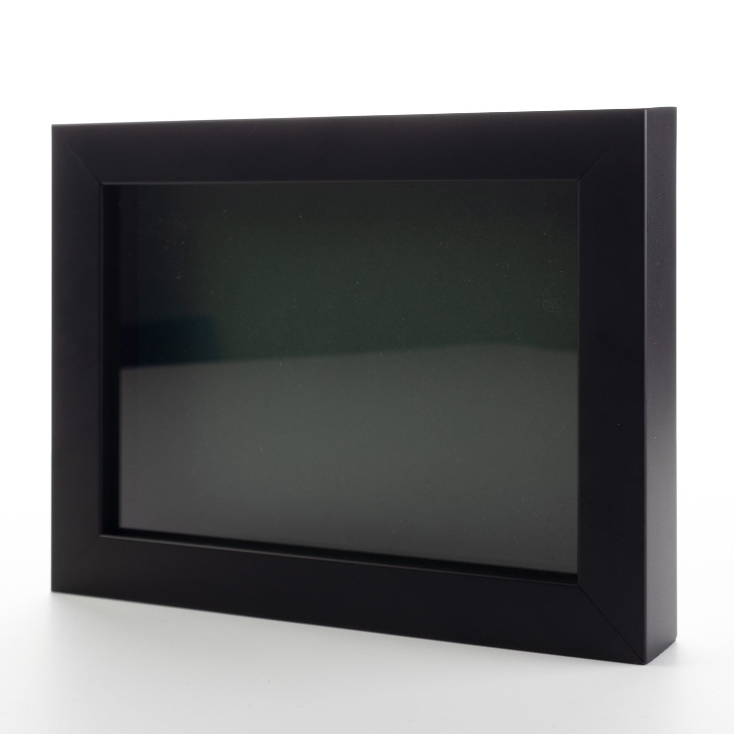 Black Wood Shadow Box Display Magazine Frame with Green Mat - corner and profile view