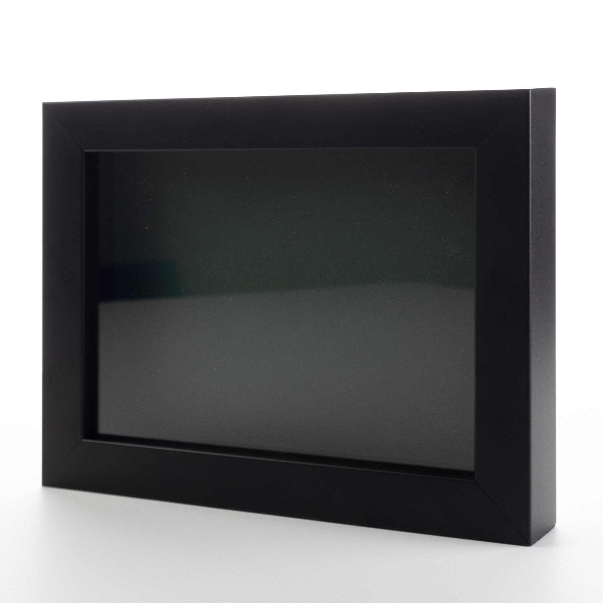 Black Wood Shadow Box Display Magazine Frame with Green Mat - corner and profile view