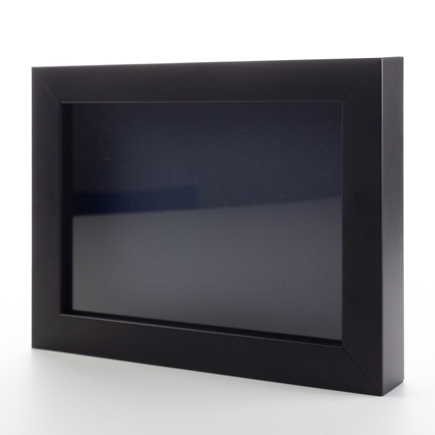 Black Wood Shadow Box Display Magazine Frame with Navy Mat - corner and profile view