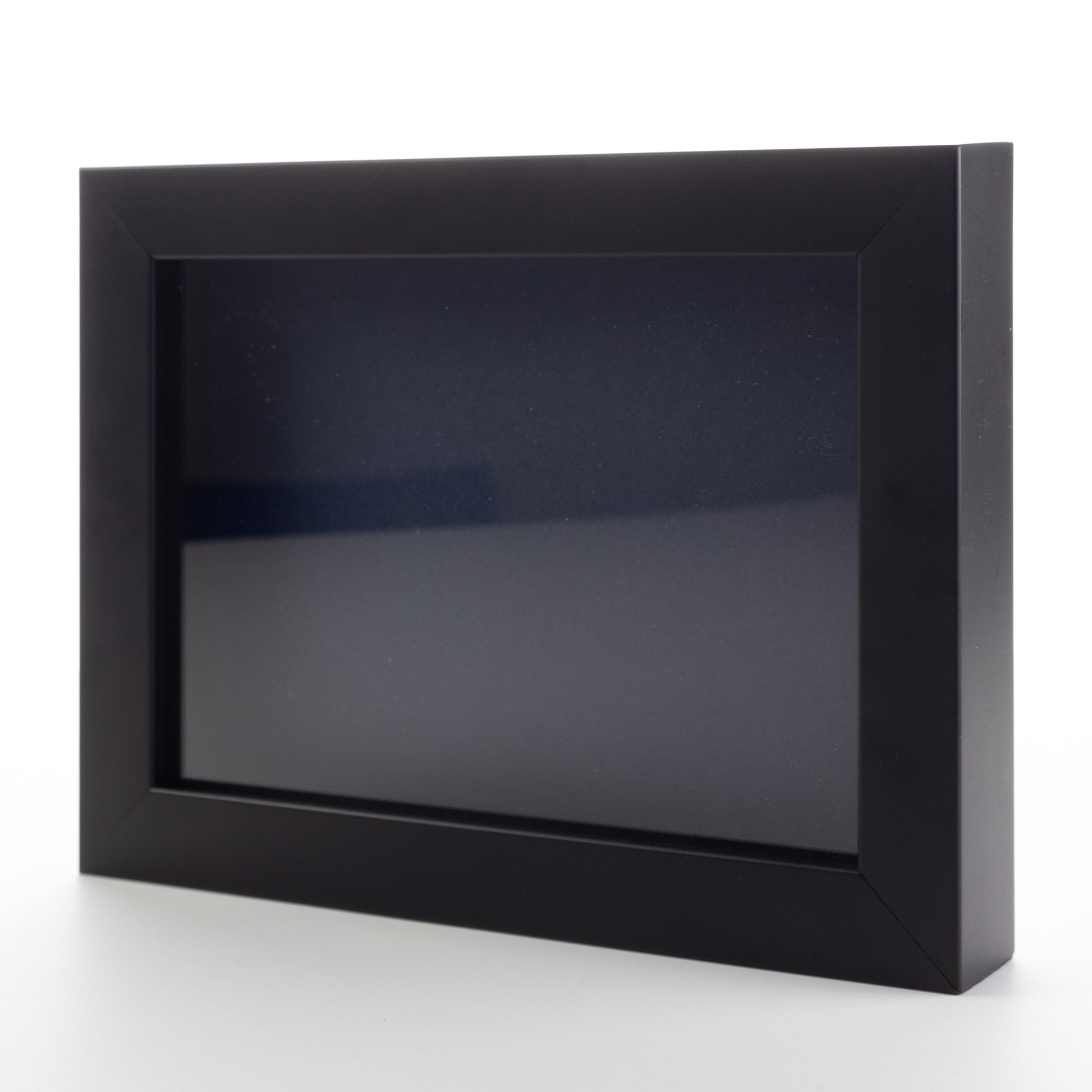 Black Wood Shadow Box Display Magazine Frame with Navy Mat - corner and profile view