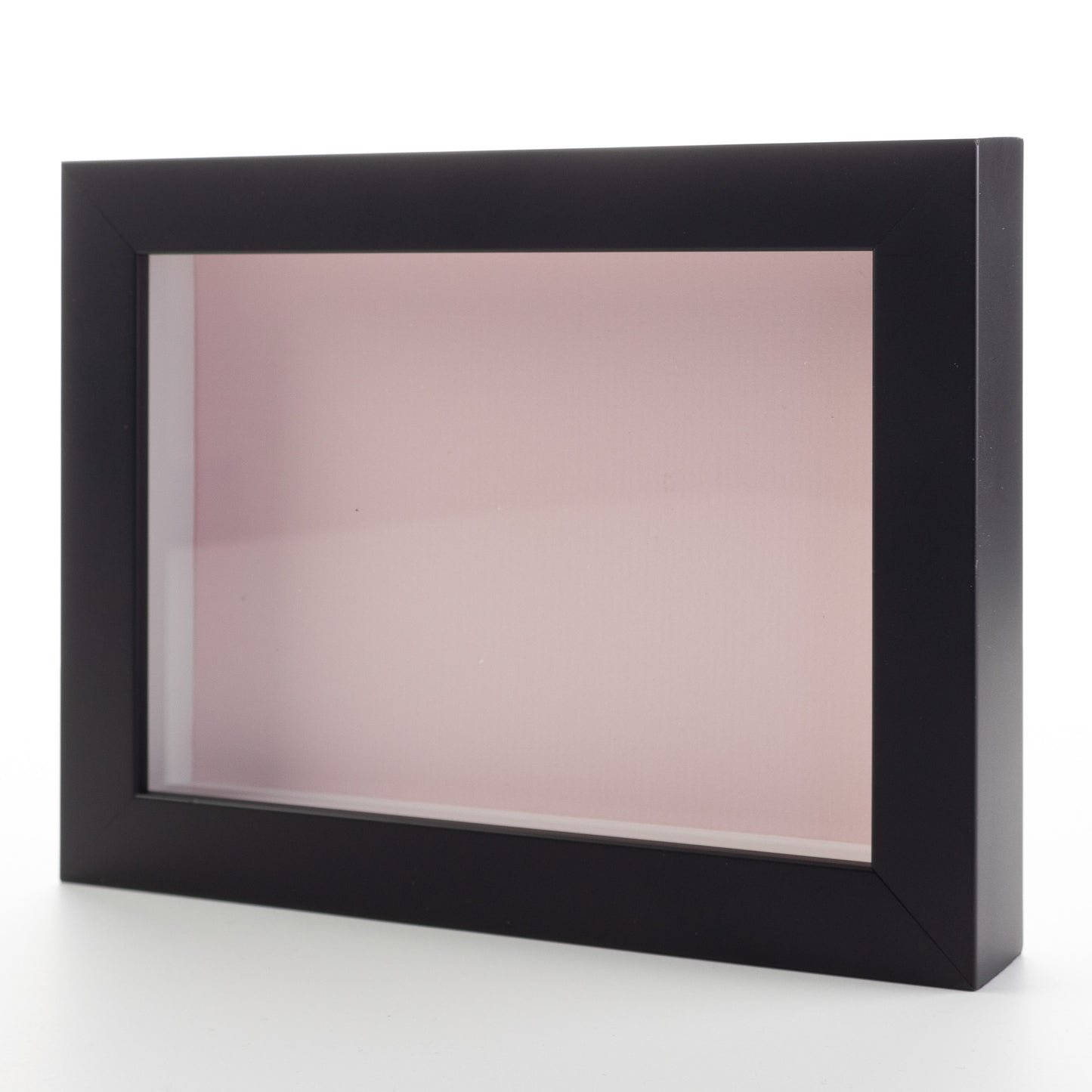 Black Wood Shadow Box Display Magazine Frame with Pink Mat - corner and profile view
