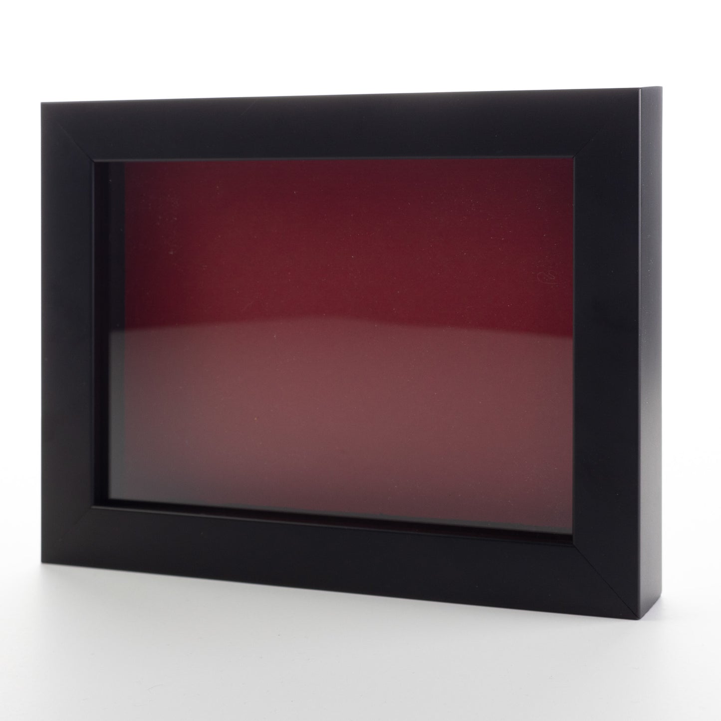 Black Wood Shadow Box Display Magazine Frame with Red Mat - corner and profile view