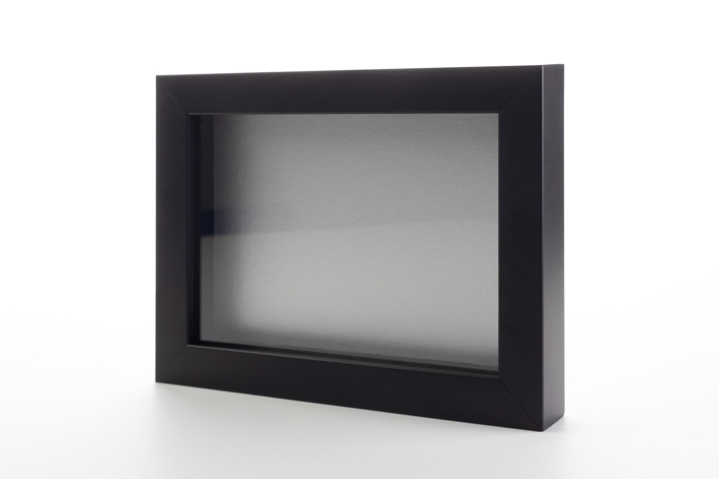 Black Wood Shadow Box Display Magazine Frame with Silver Mat - corner and profile view
