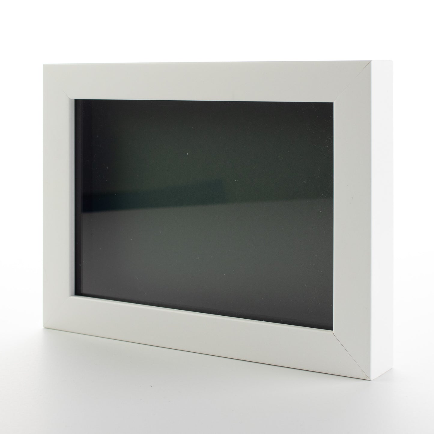 White Wood Shadow Box Display Magazine Frame with Green Mat - corner and profile view