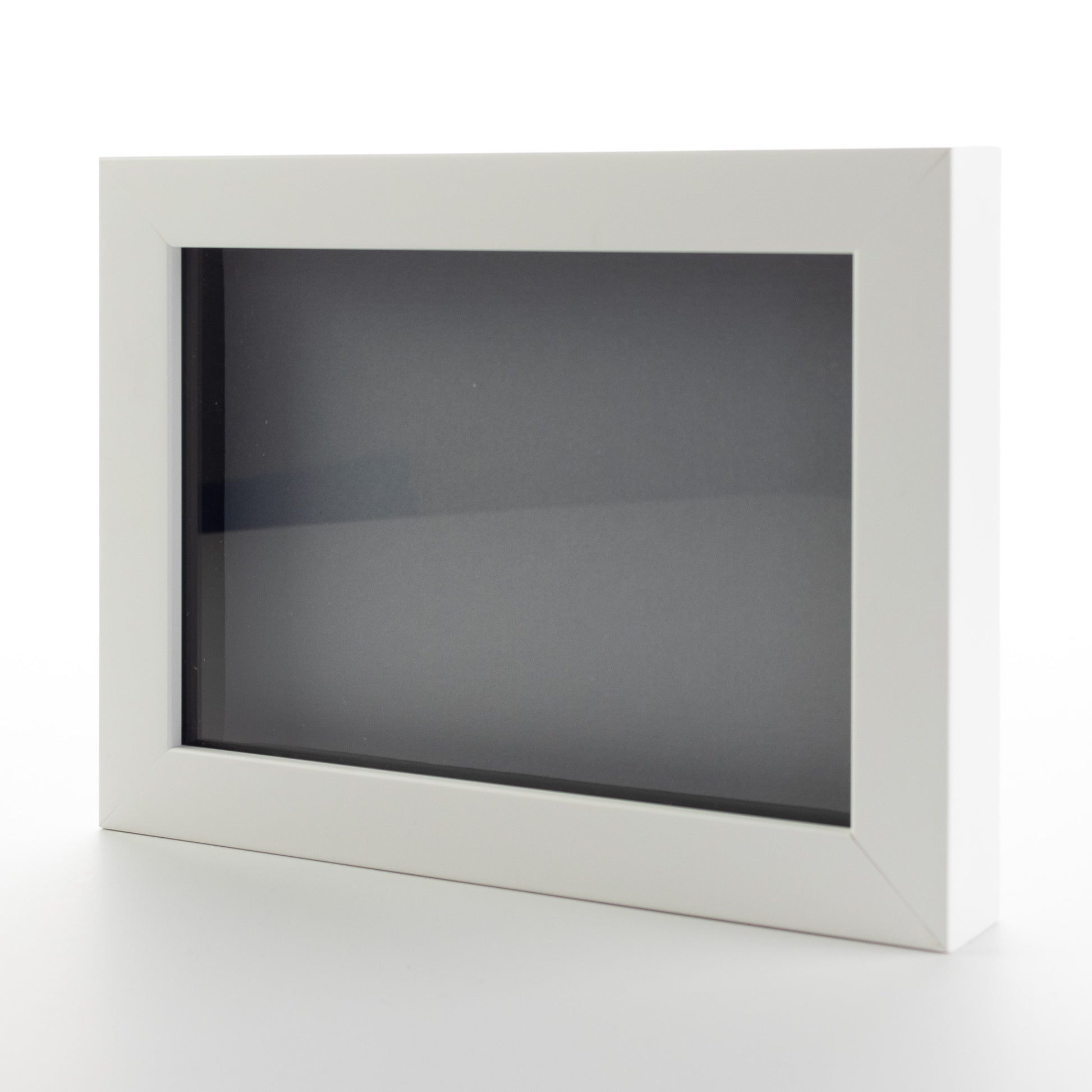 Shadow Box Gallery Wood Frames - Solid White DEEP Shadowbox Frame with a Display Depth of 3/4" - Shadowbox Frame includes Shatter Proof UV Acrylic Front, Acid Free Interior, and Hanging Hardware - corner and profile view