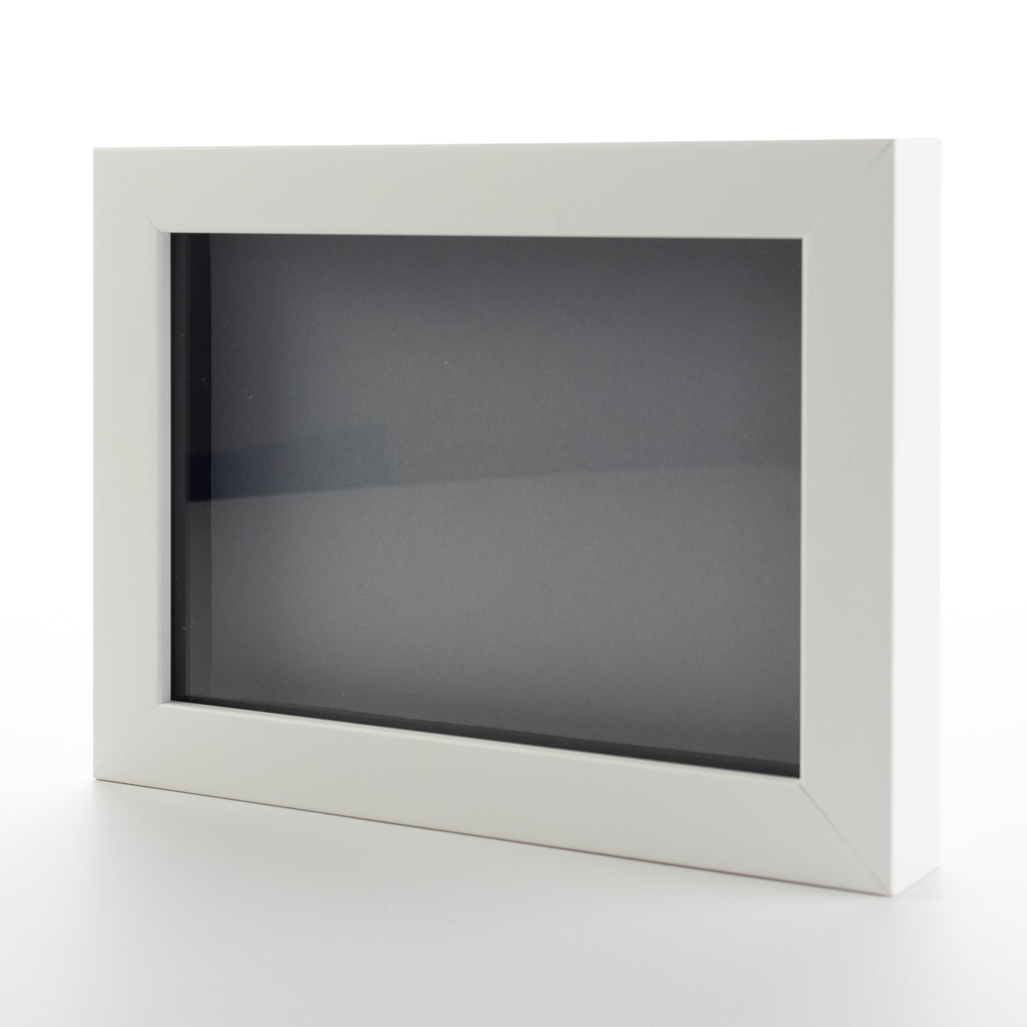 White Wood Shadow Box Display Magazine Frame with Grey Mat - corner and profile view