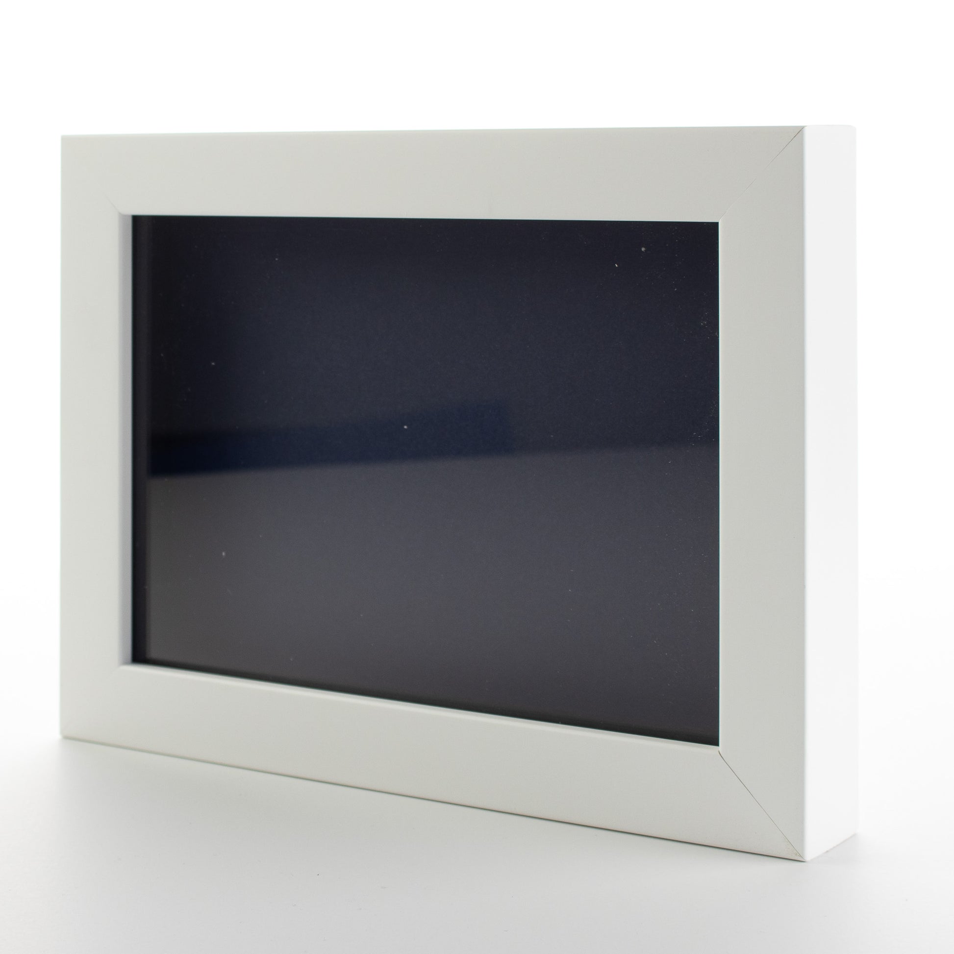 Shadow Box Gallery Wood Frames - Solid White DEEP Shadowbox Frame with a Display Depth of 3/4" - Shadowbox Frame includes Shatter Proof UV Acrylic Front, Acid Free Interior, and Hanging Hardware - angle view