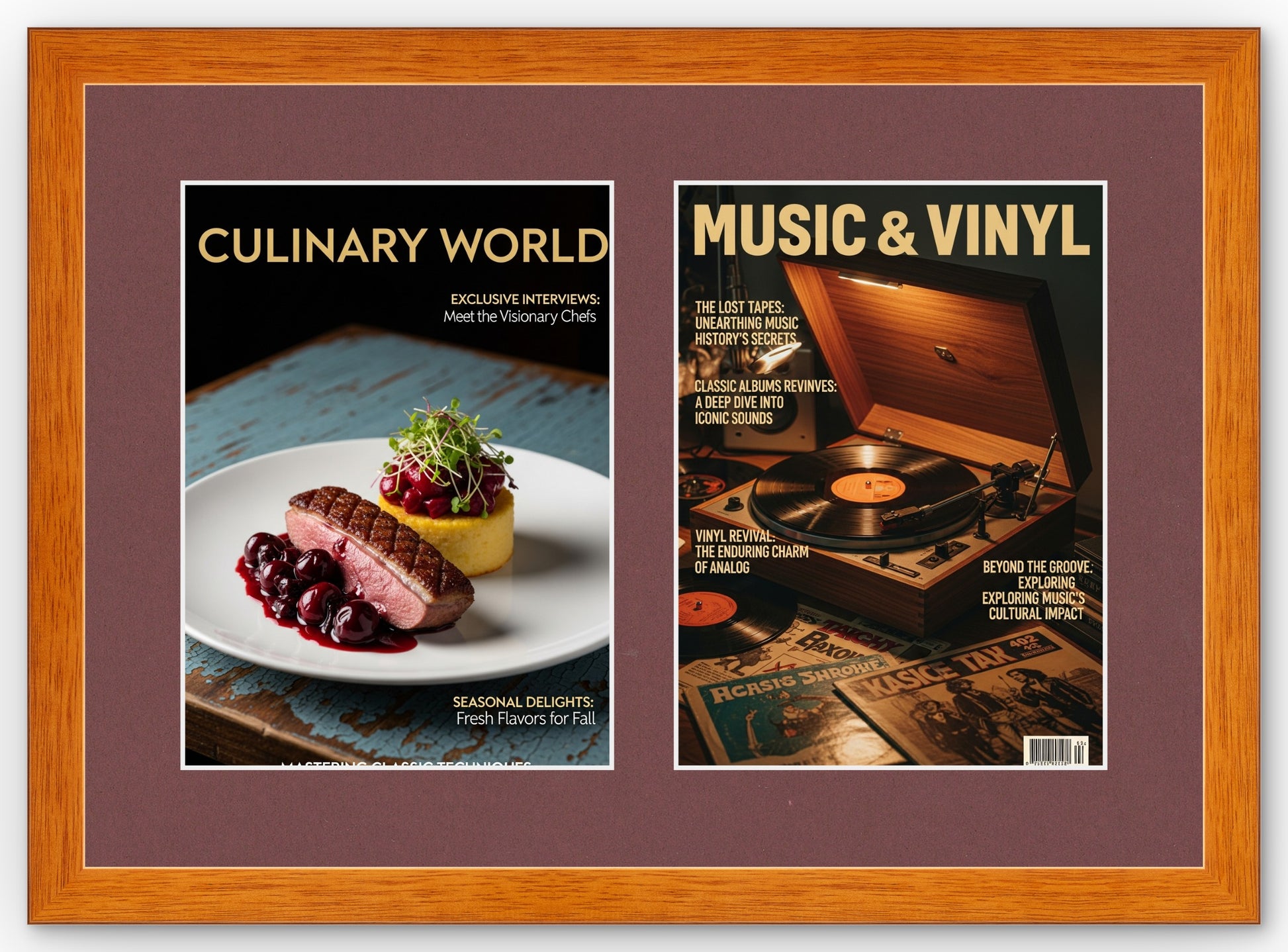 Double Magazine Keepsake Frame with Dark Red Mat (Style 1) - corner and profile view