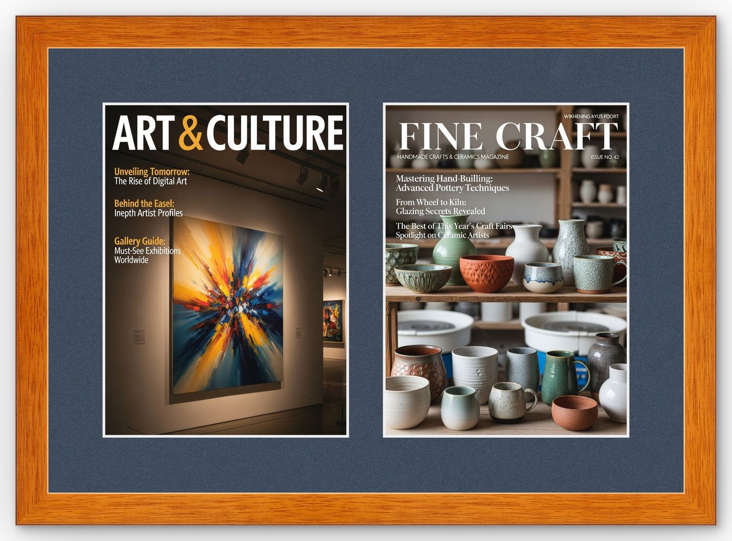 Double Magazine Keepsake Frame with Navy Blue Mat (Style 1) - corner and profile view