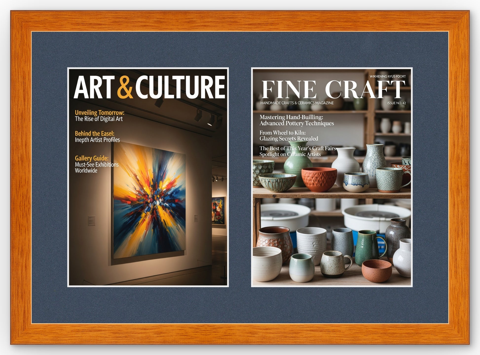 Double Magazine Keepsake Frame with Navy Blue Mat (Style 1) - corner and profile view