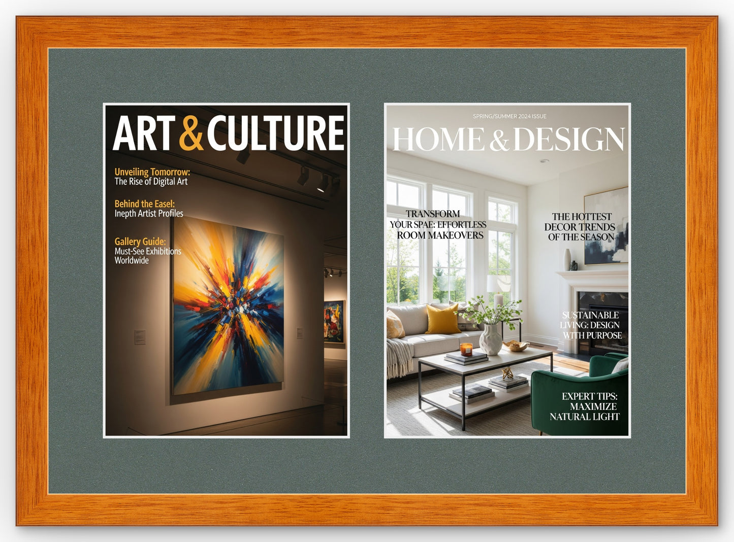 Double Magazine Keepsake Frame with Dark Gray Mat (Style 1) - corner and profile view