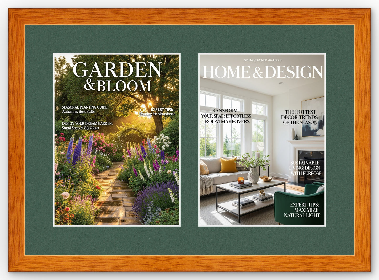 Double Magazine Keepsake Frame with Forest Green Mat (Style 1) - corner and profile view