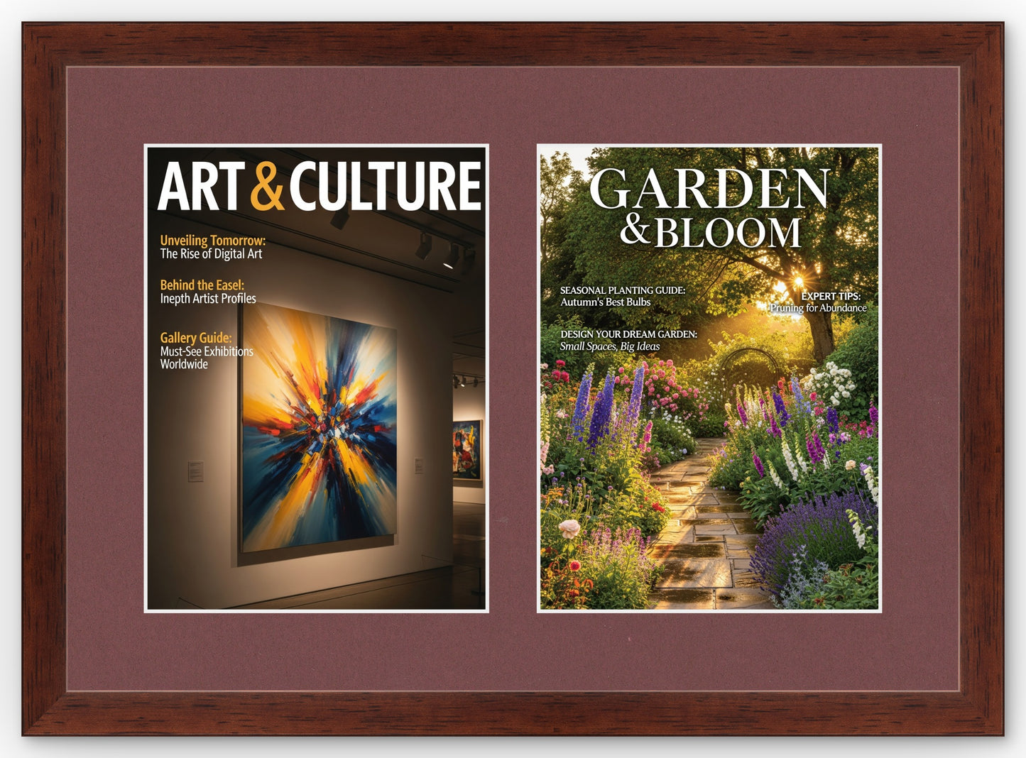 Double Magazine Keepsake Frame with Dark Red Mat (Style 2) - corner and profile view