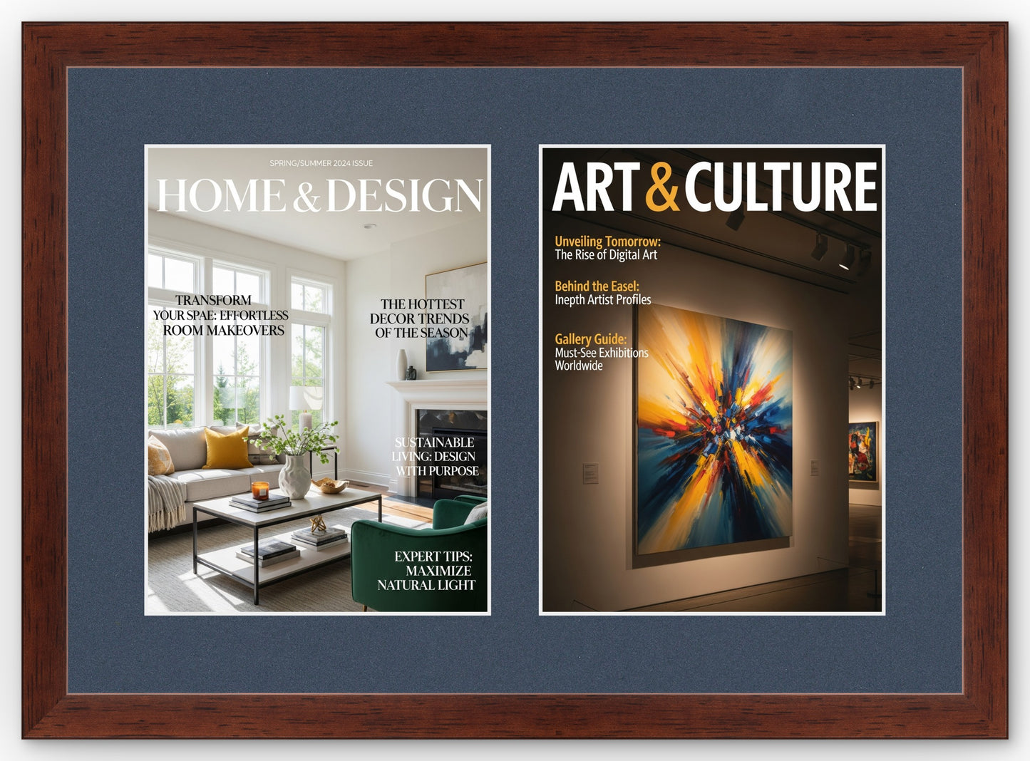 Double Magazine Keepsake Frame with Navy Blue Mat (Style 2) - corner and profile view