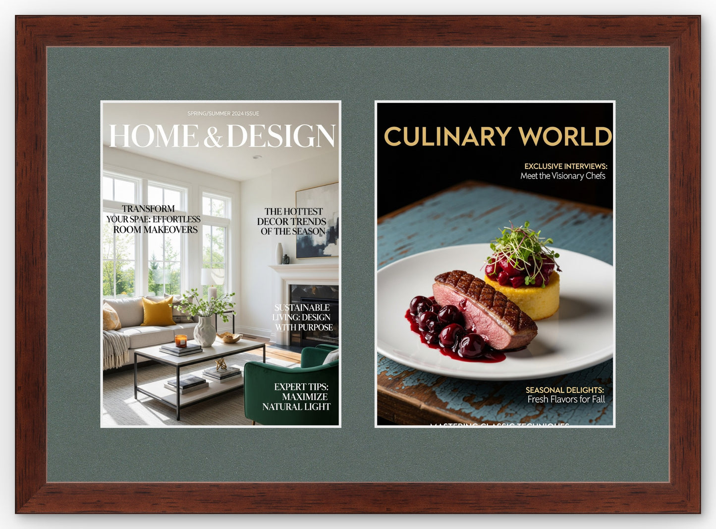 Double Magazine Keepsake Frame with Dark Gray Mat (Style 2) - corner and profile view