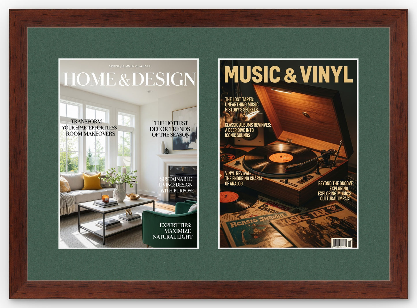 Double Magazine Keepsake Frame with Forest Green Mat (Style 2) - corner and profile view