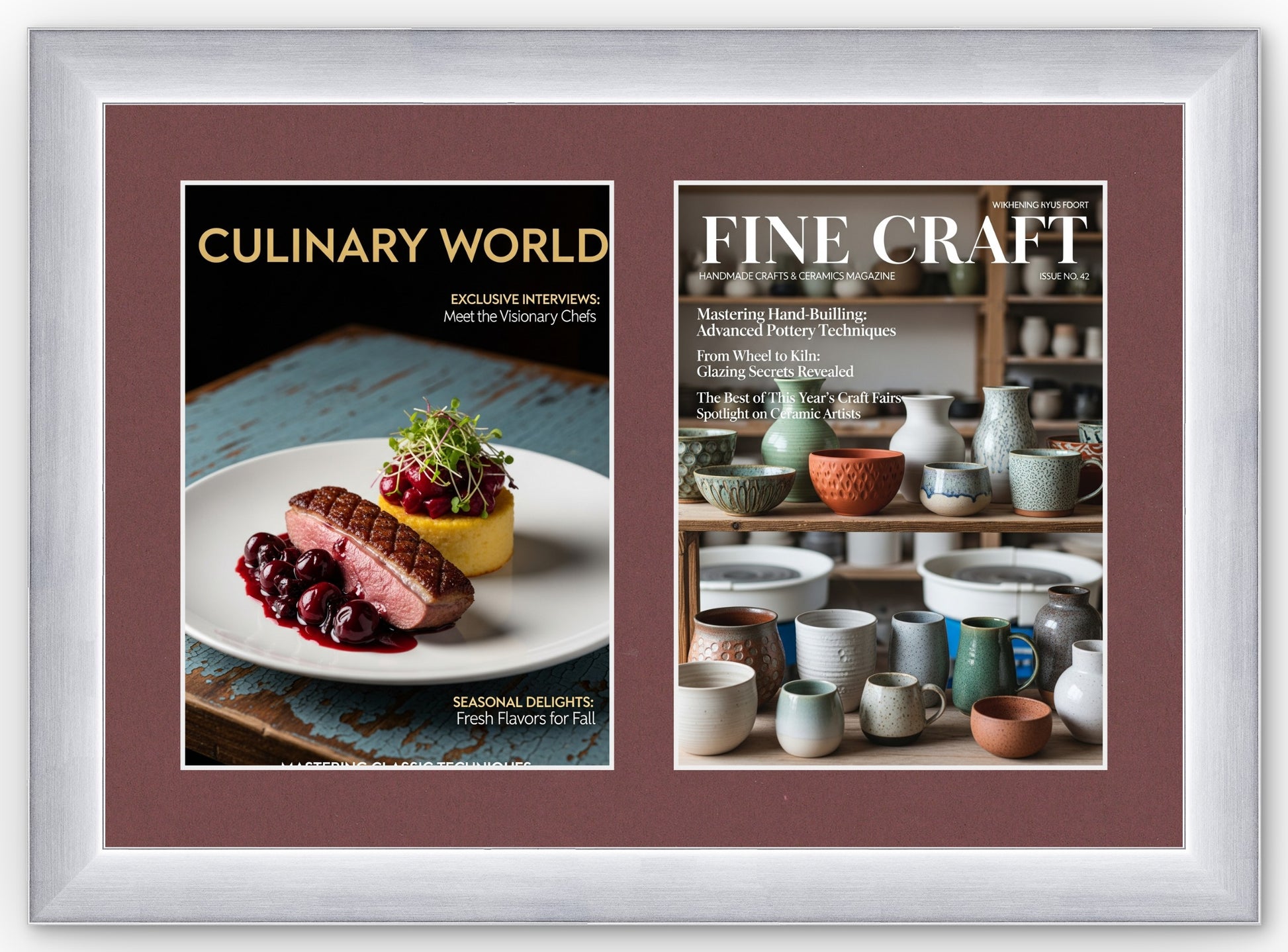Double Magazine Keepsake Frame with Dark Red Mat (Style 3) - corner and profile view