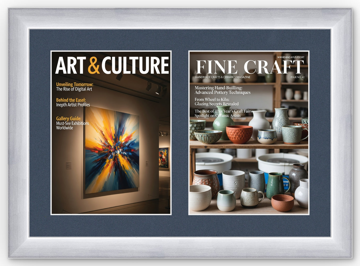 Double Magazine Keepsake Frame with Navy Blue Mat (Style 3) - corner and profile view
