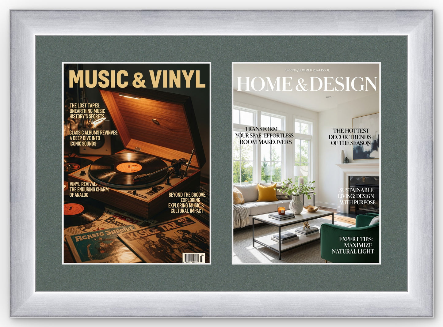 Double Magazine Keepsake Frame with Dark Gray Mat (Style 3) - corner and profile view