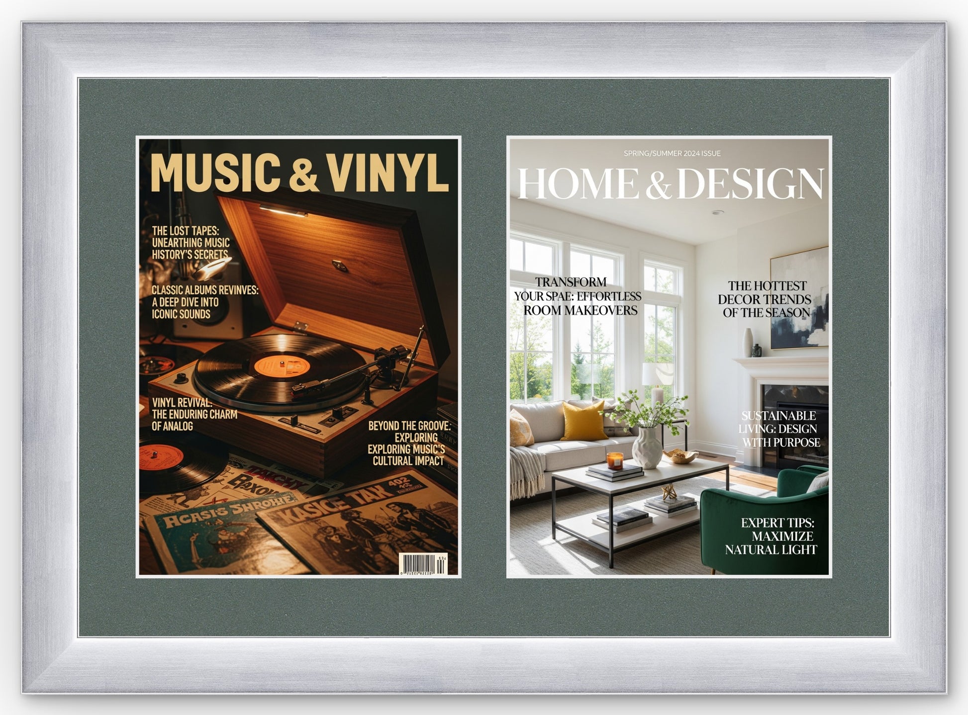 Double Magazine Keepsake Frame with Dark Gray Mat (Style 3) - corner and profile view