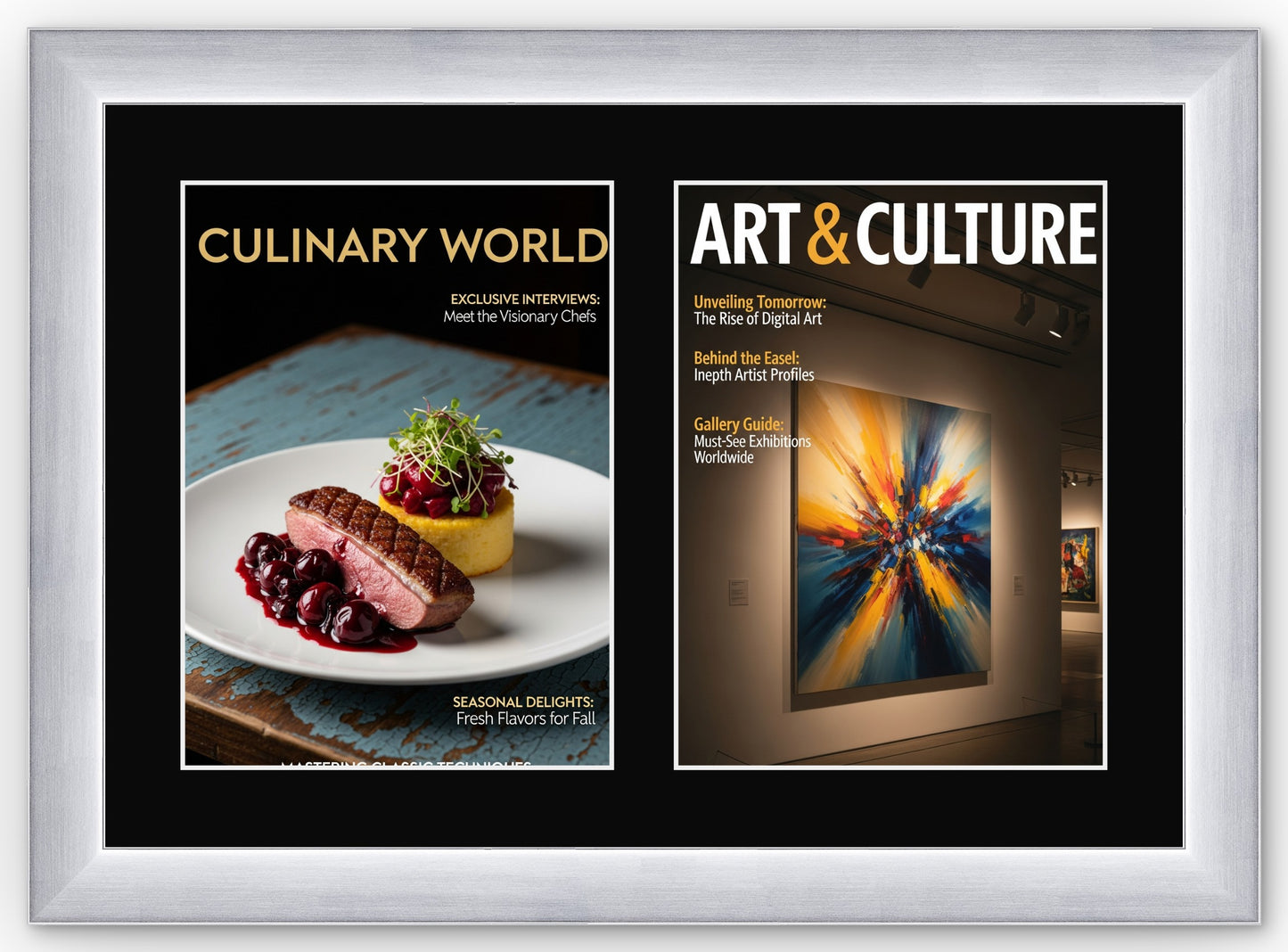 Double Magazine Keepsake Frame with Black Mat (Style 3) - corner and profile view