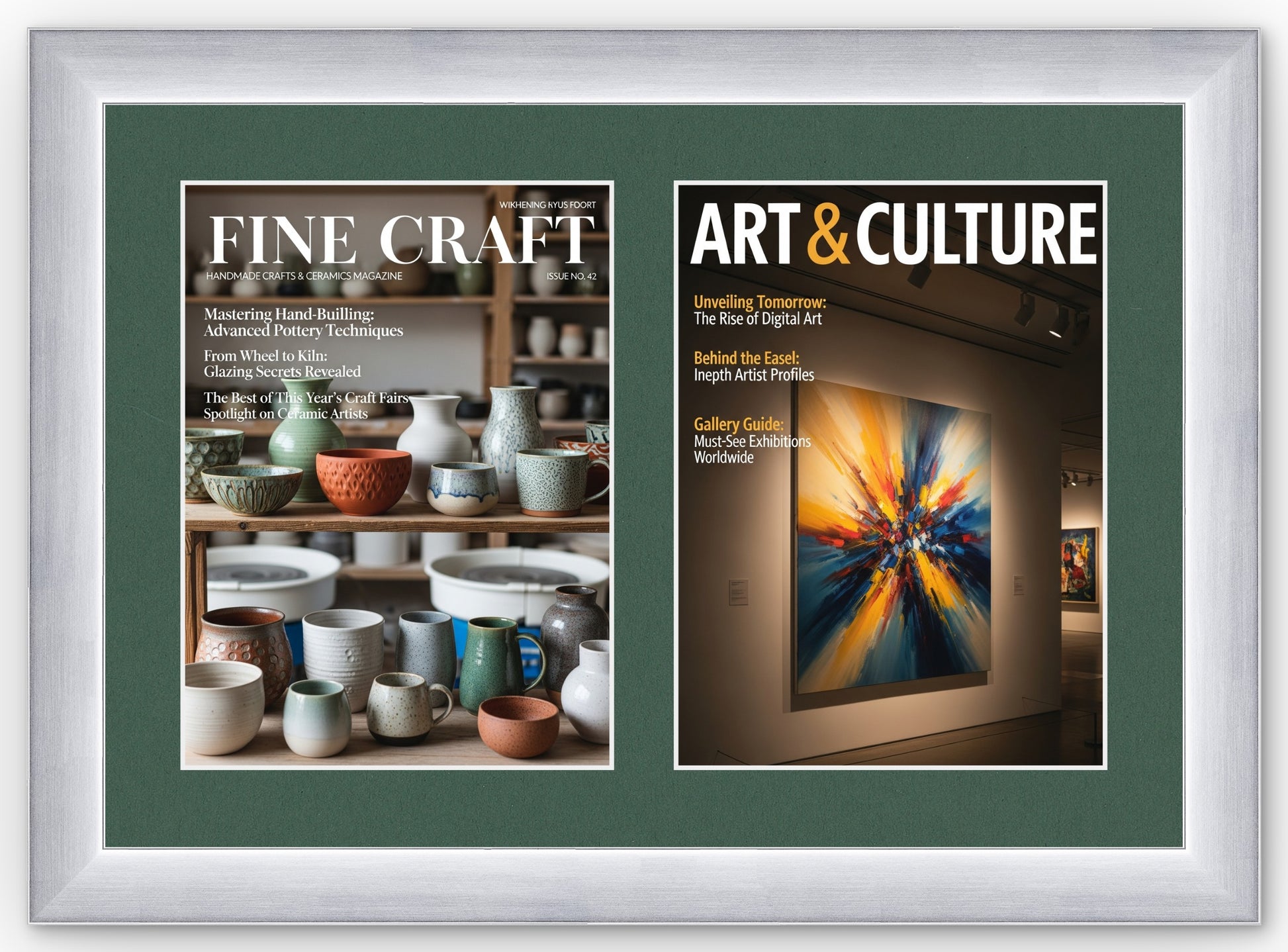 Double Magazine Keepsake Frame with Forest Green Mat (Style 3) - corner and profile view