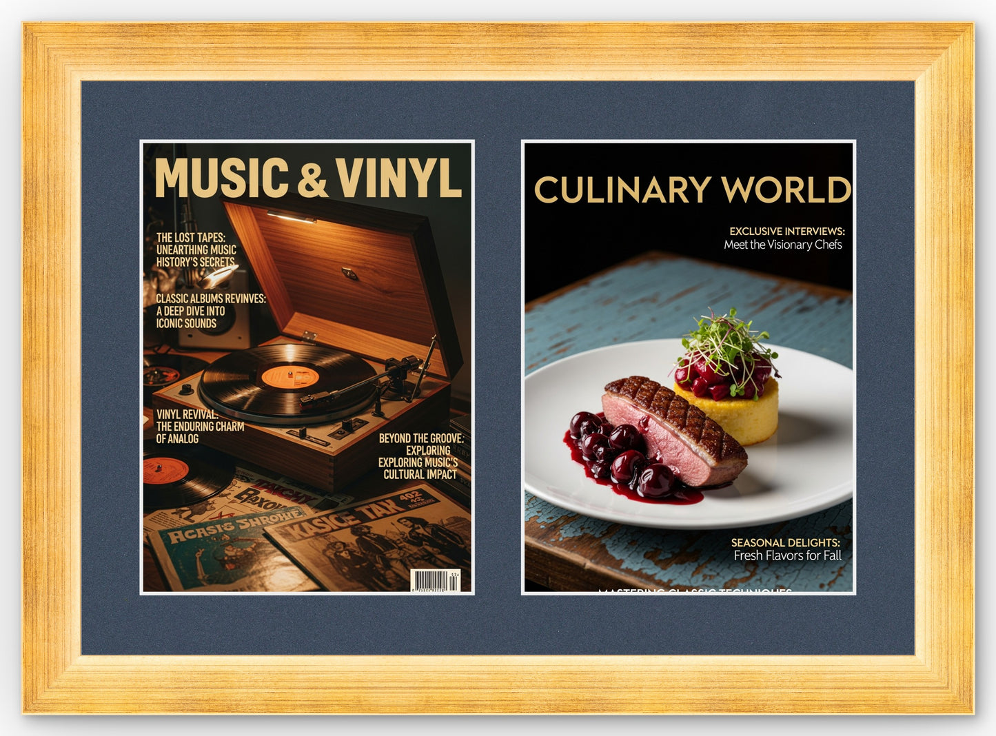 Double Magazine Keepsake Frame with Navy Blue Mat (Style 4) - corner and profile view